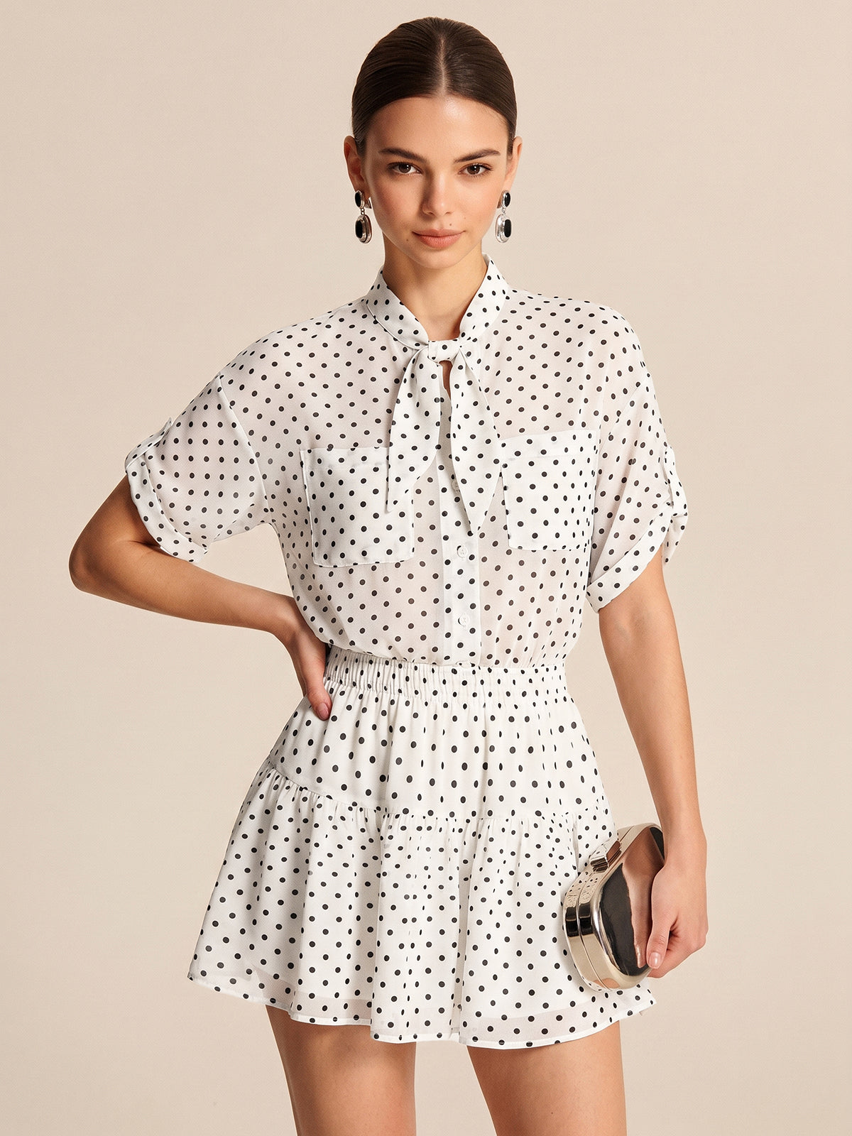 Polka Dot Sheer Shirt & Mini Skirt Set Trendy Women’s Ensemble