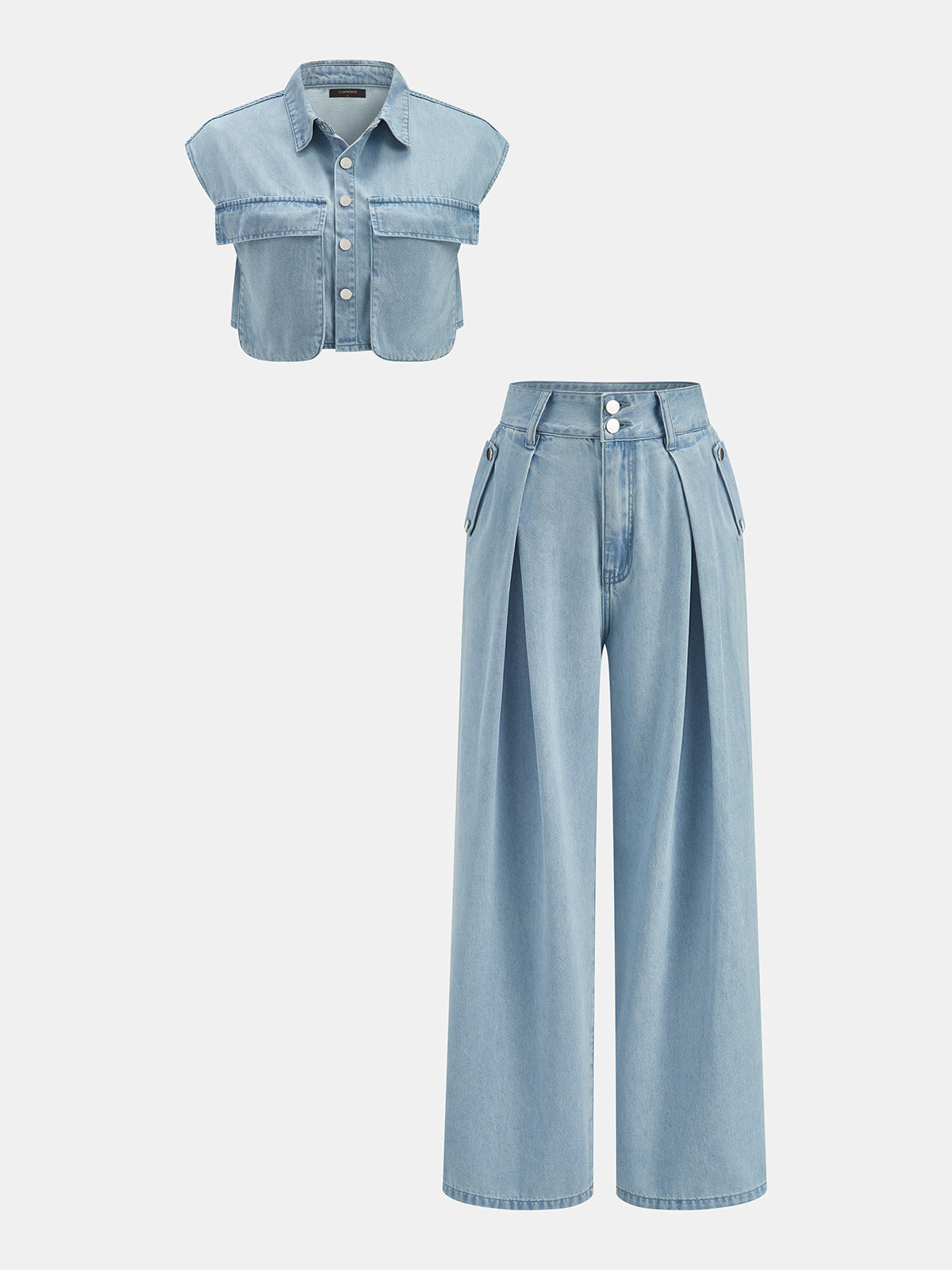 Sleeveless Crop Denim Top & Pleated Pants Set for Women Casual Wear