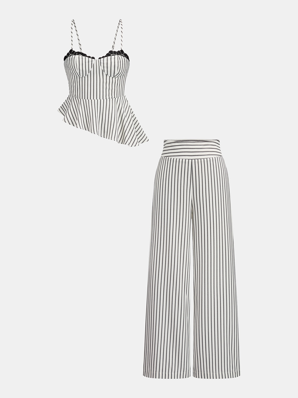 Lace Trim Striped Peplum Top & Pants Set for Women Casual Chic