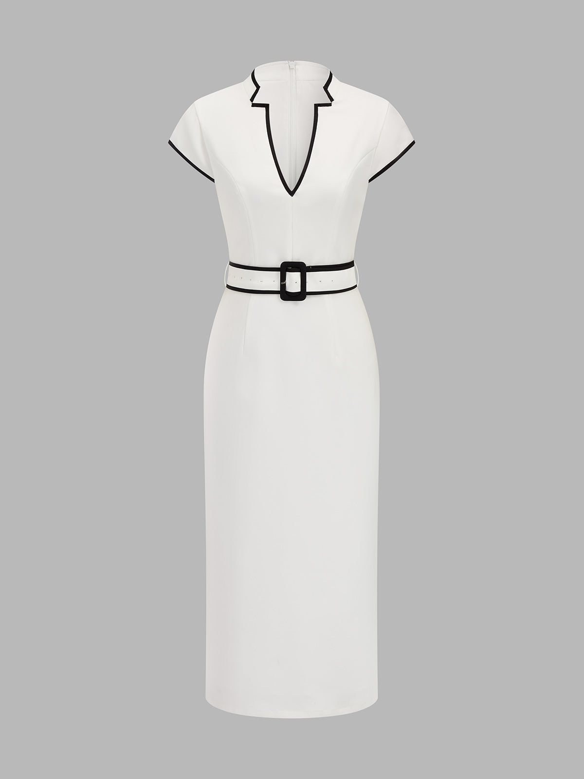 Contrast Trim Belted Pencil Midi Dress for Women Office Wear