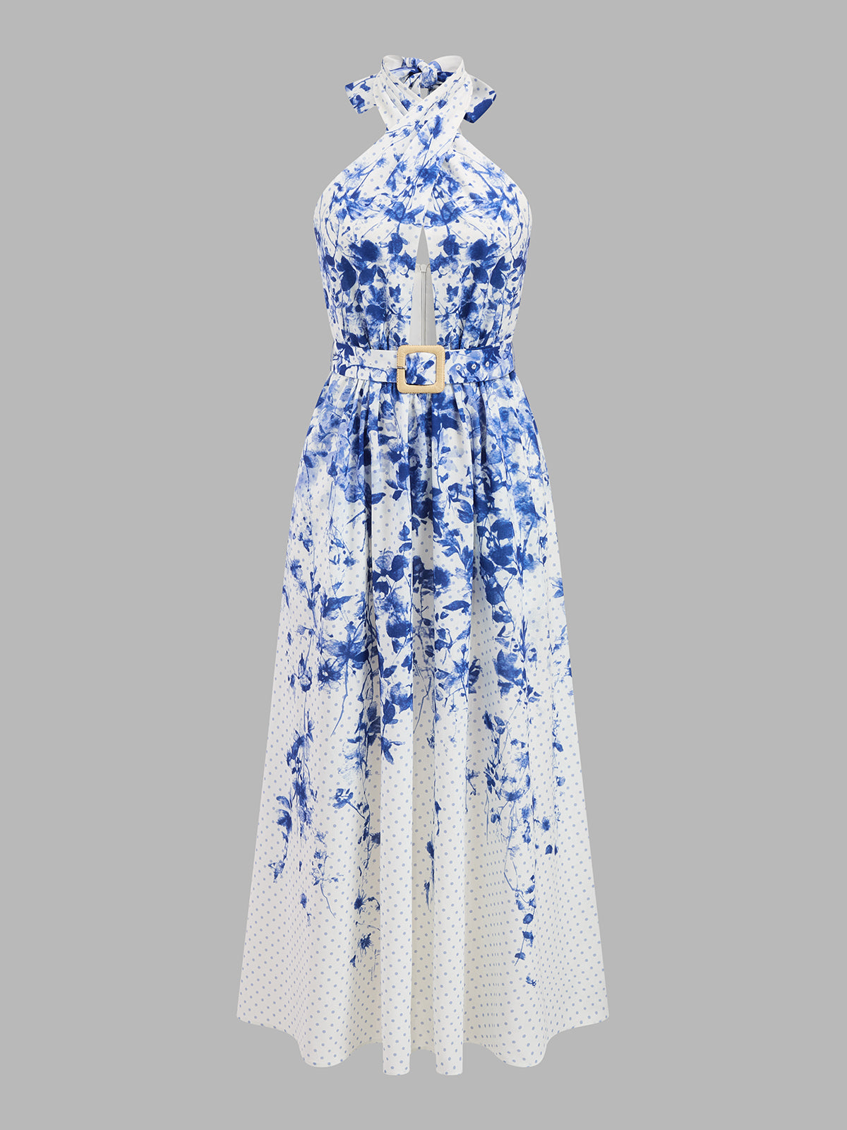 Floral Print Polka Dot Halter Belted Maxi Dress for Women Summer Casual