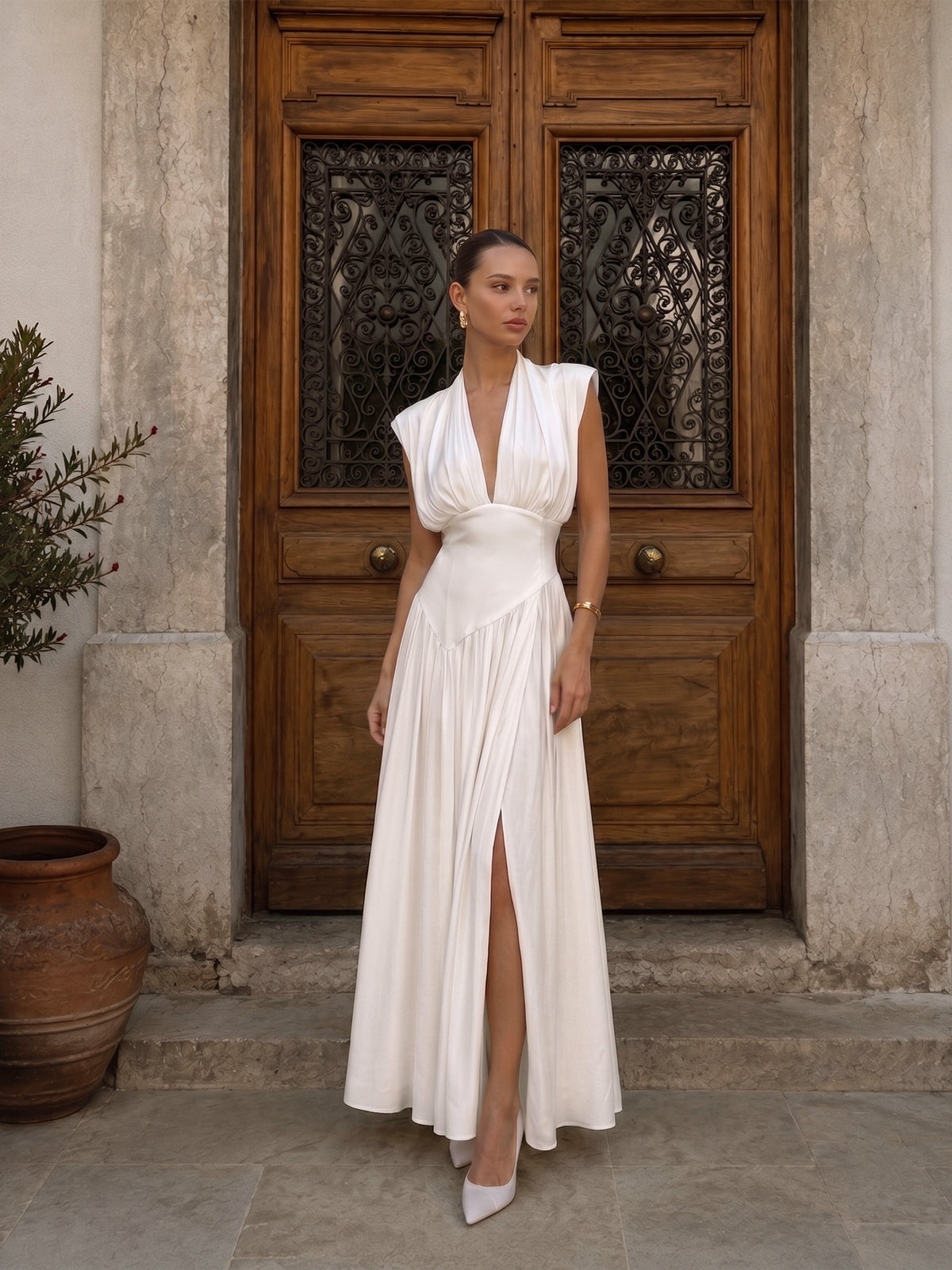 Deep V High Slit Satin Maxi Dress for Elegant Evening Wear