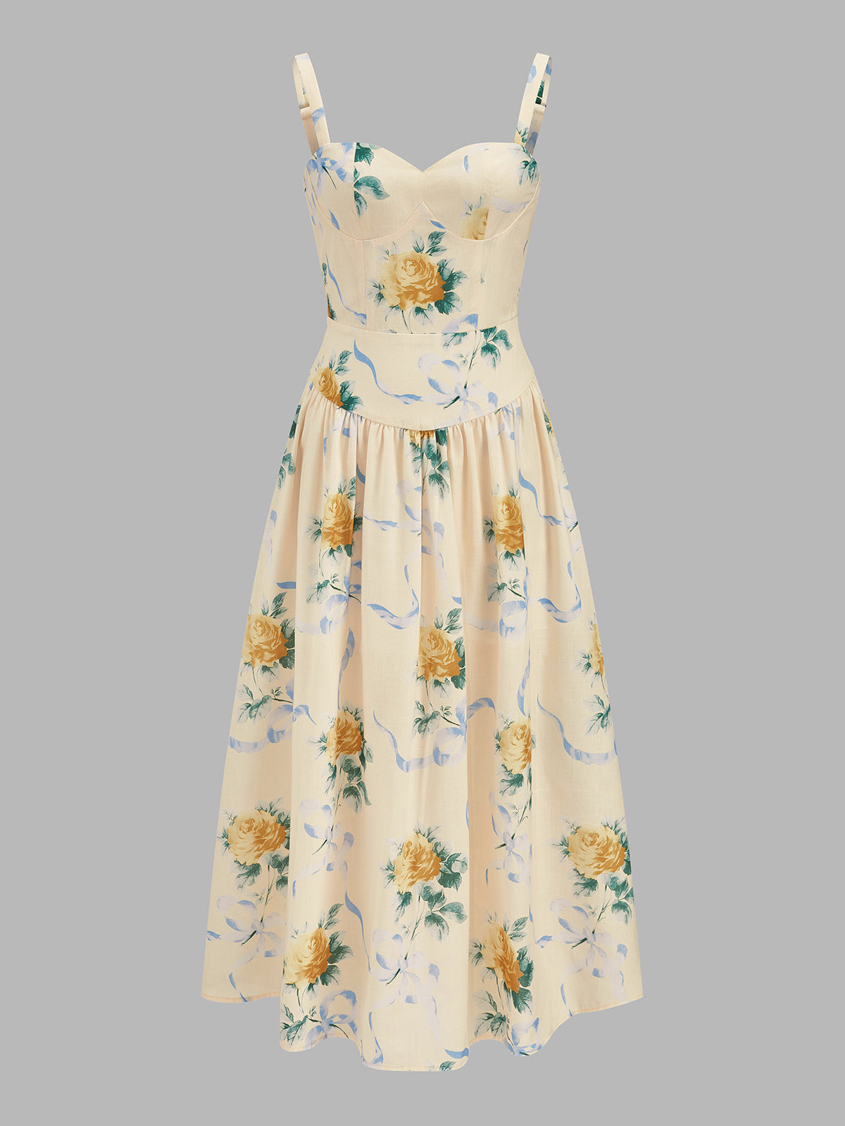 Rose Print Bustier Midi Slip Dress with Adjustable Straps and Back Zip
