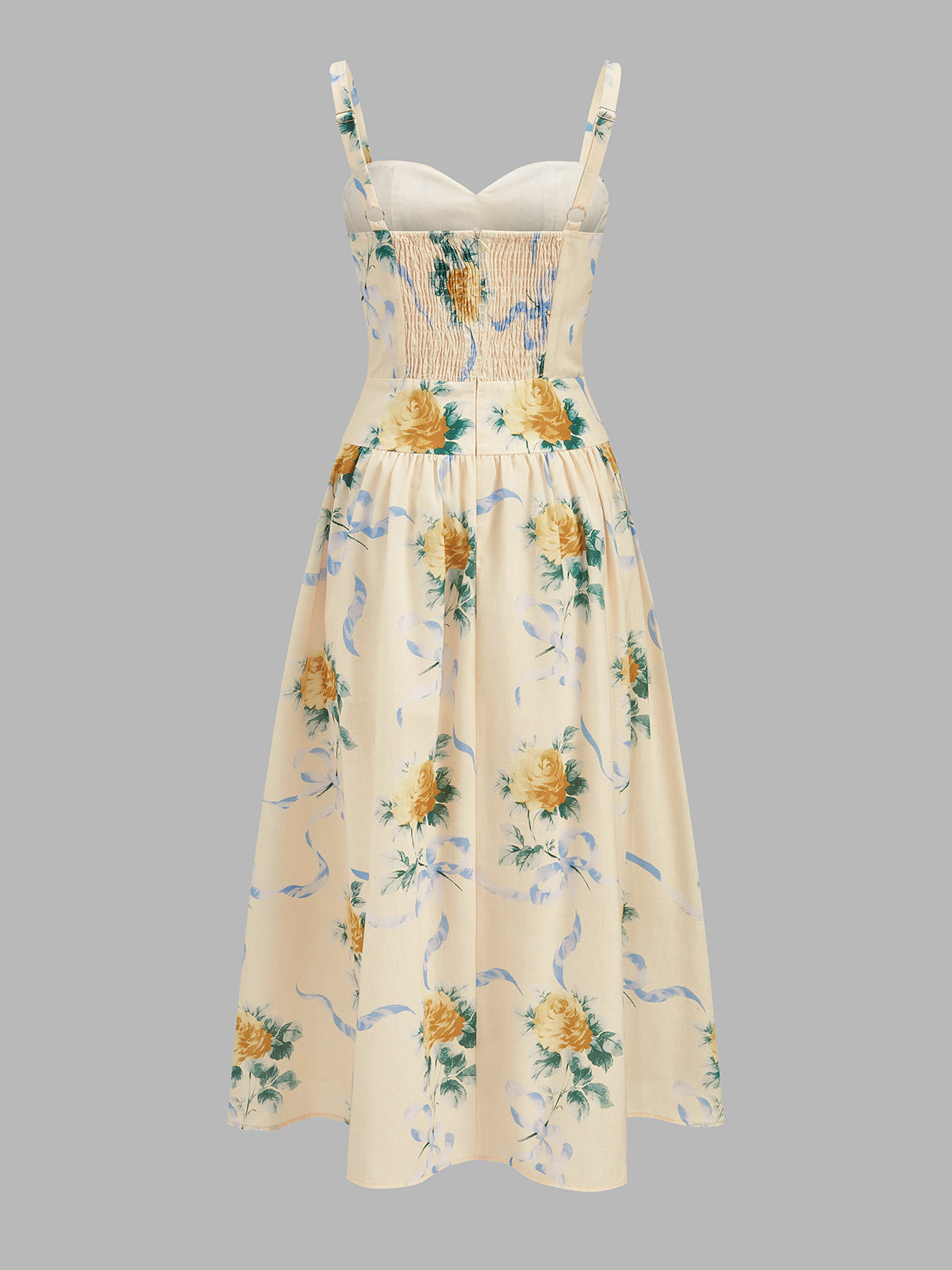 Rose Print Bustier Midi Slip Dress with Adjustable Straps and Back Zip