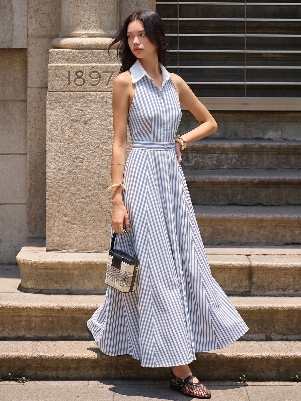 Striped Sleeveless Shirt Maxi Dress with Belted Waist Detail