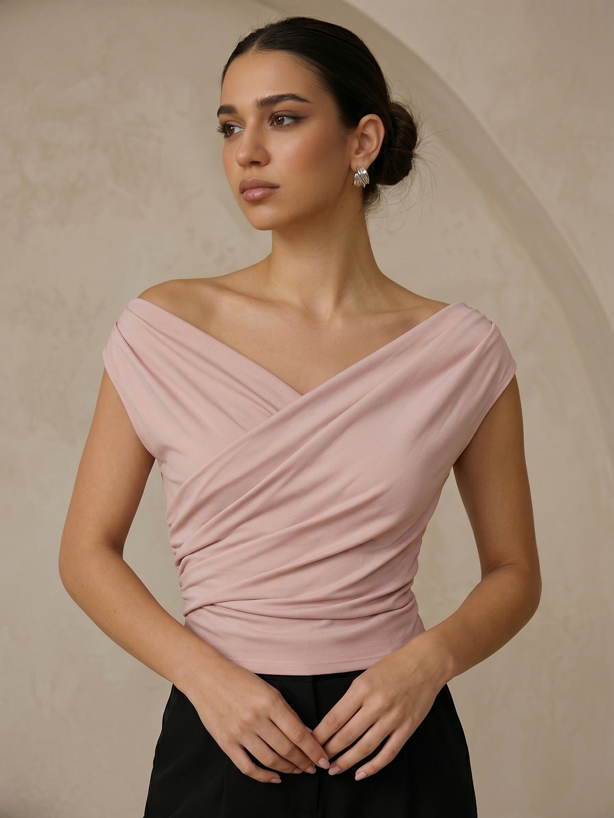 Asymmetric Neckline Ruched Blouse with Elegant Draping Detail