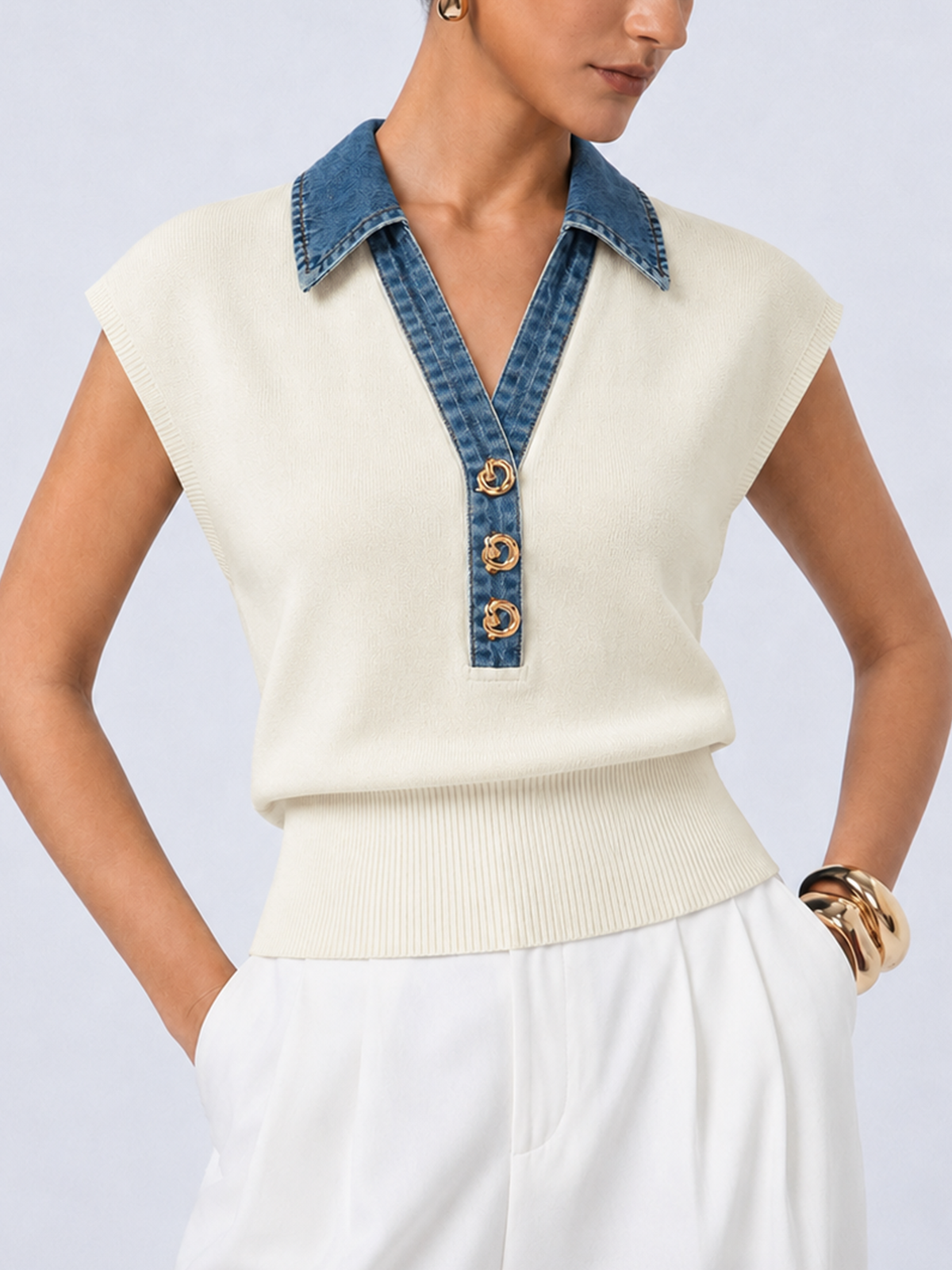 Cinched-Waist Denim-Collar Knit Vest with Layering Style