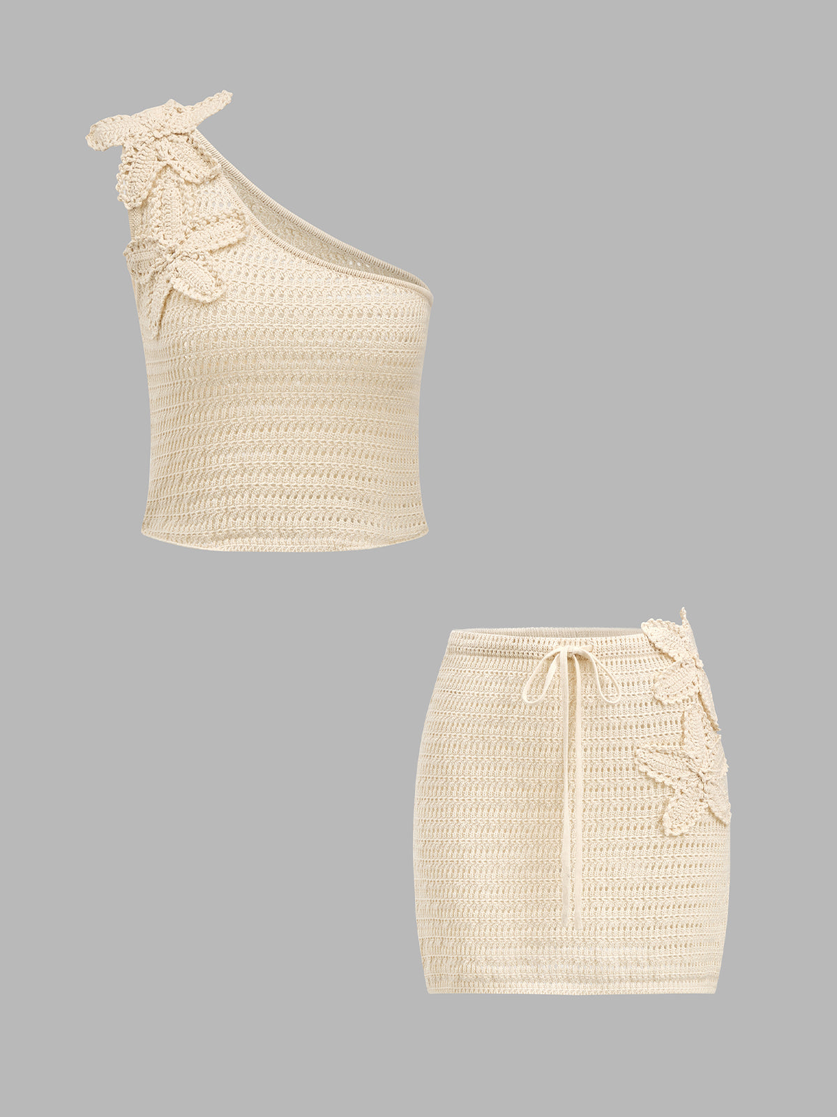 Floral Crochet One Shoulder Top & Mini Skirt Set, Elegant Summer Outfit for Women