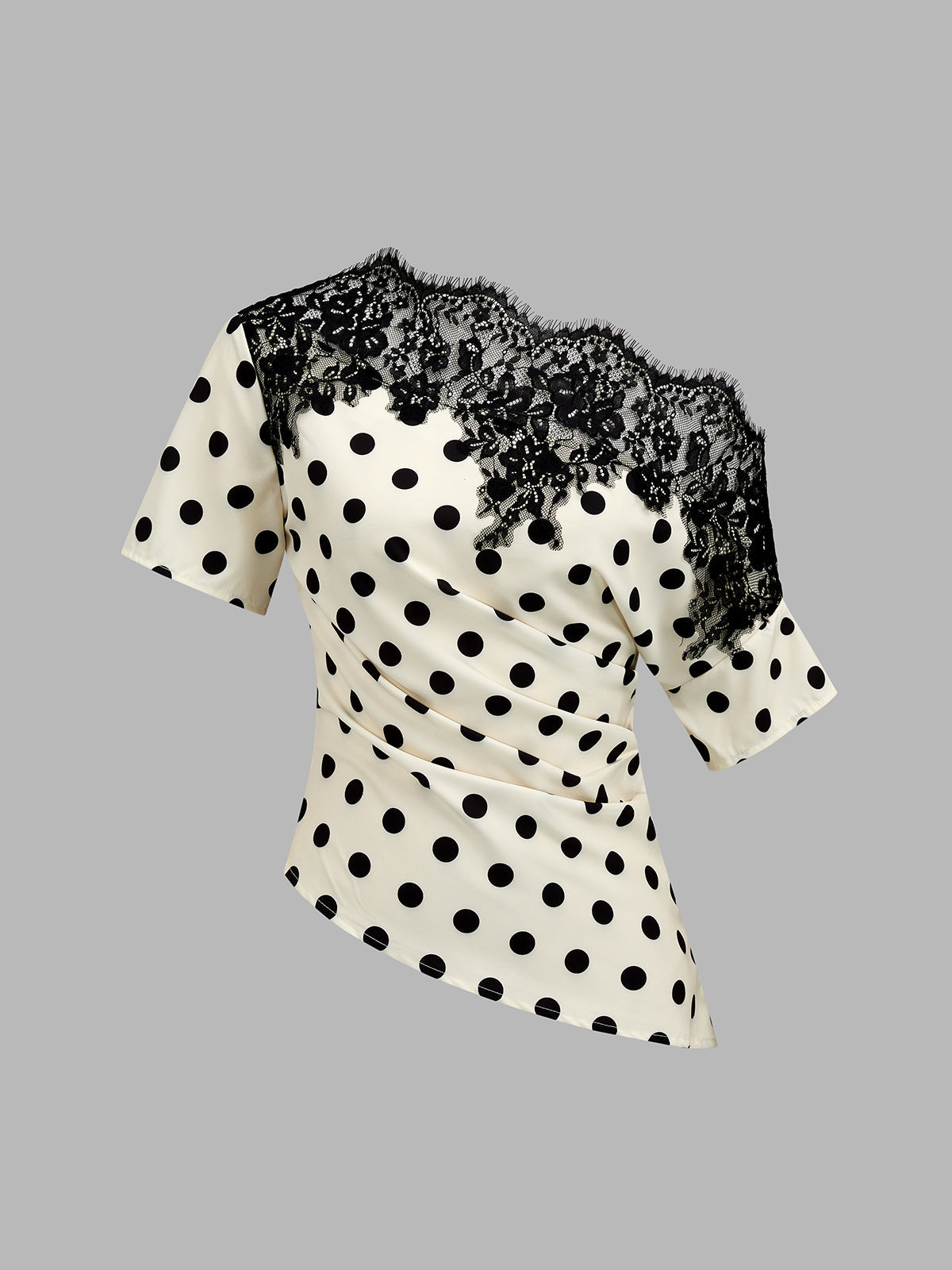 Lace Trim Polka Dot One-Shoulder Top Women's Fashion Blouse