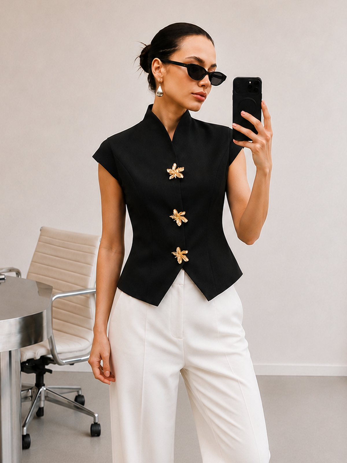 Flower Buttons Cap Sleeve Blouse Lightweight Casual Spring Top