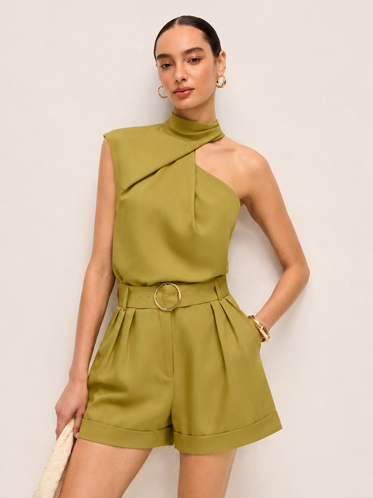 Asymmetric Neck Top & Belted Shorts Set for Women Summer Casual