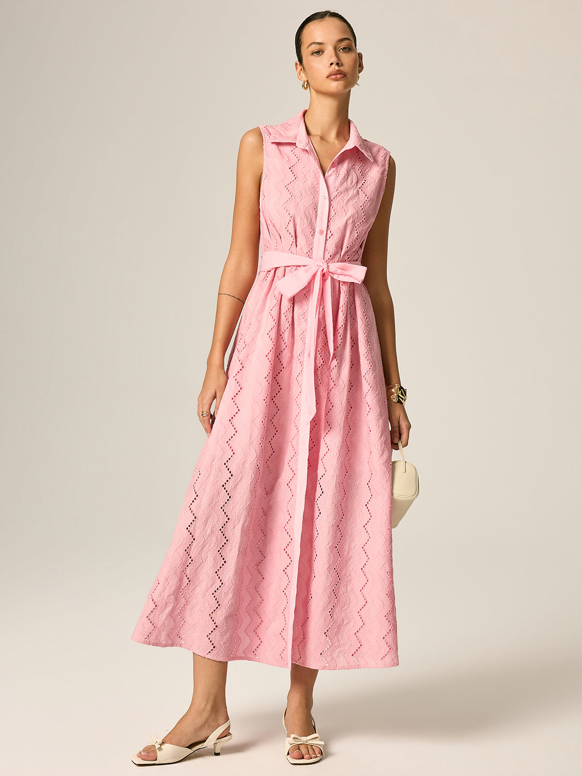 Eyelet Embroidery Belted Shirt Maxi Dress for Women Spring Collection