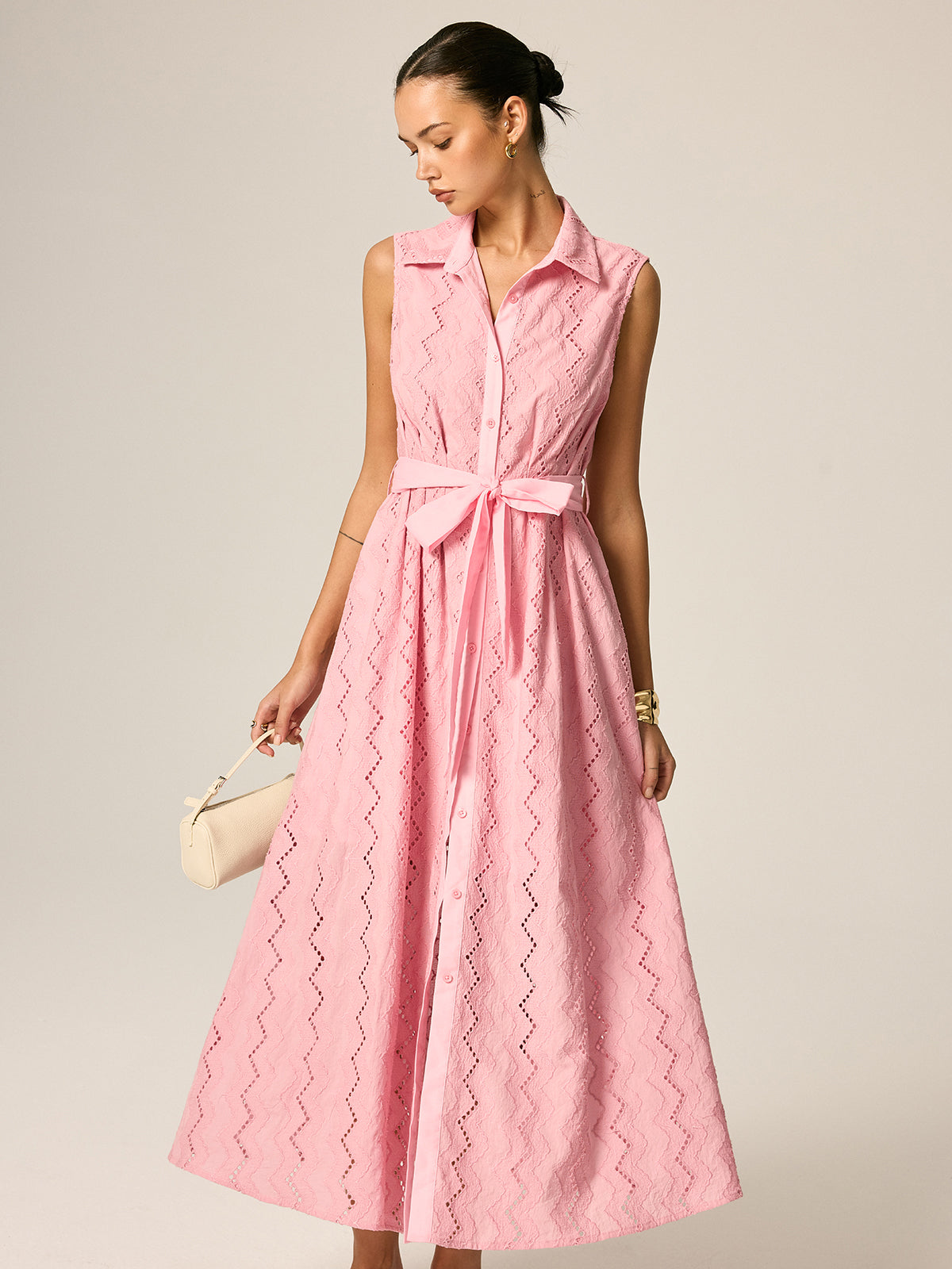 Eyelet Embroidery Belted Shirt Maxi Dress for Women Spring Collection