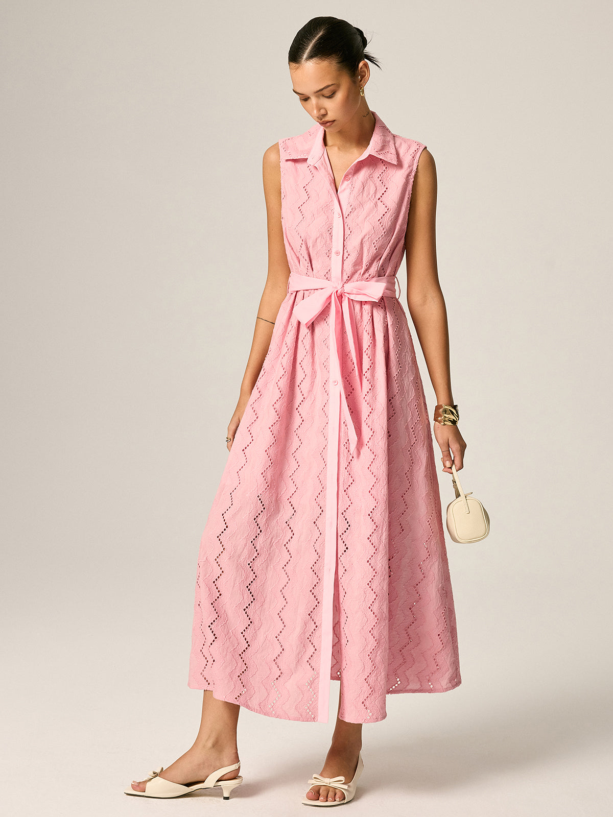 Eyelet Embroidery Belted Shirt Maxi Dress for Women Spring Collection