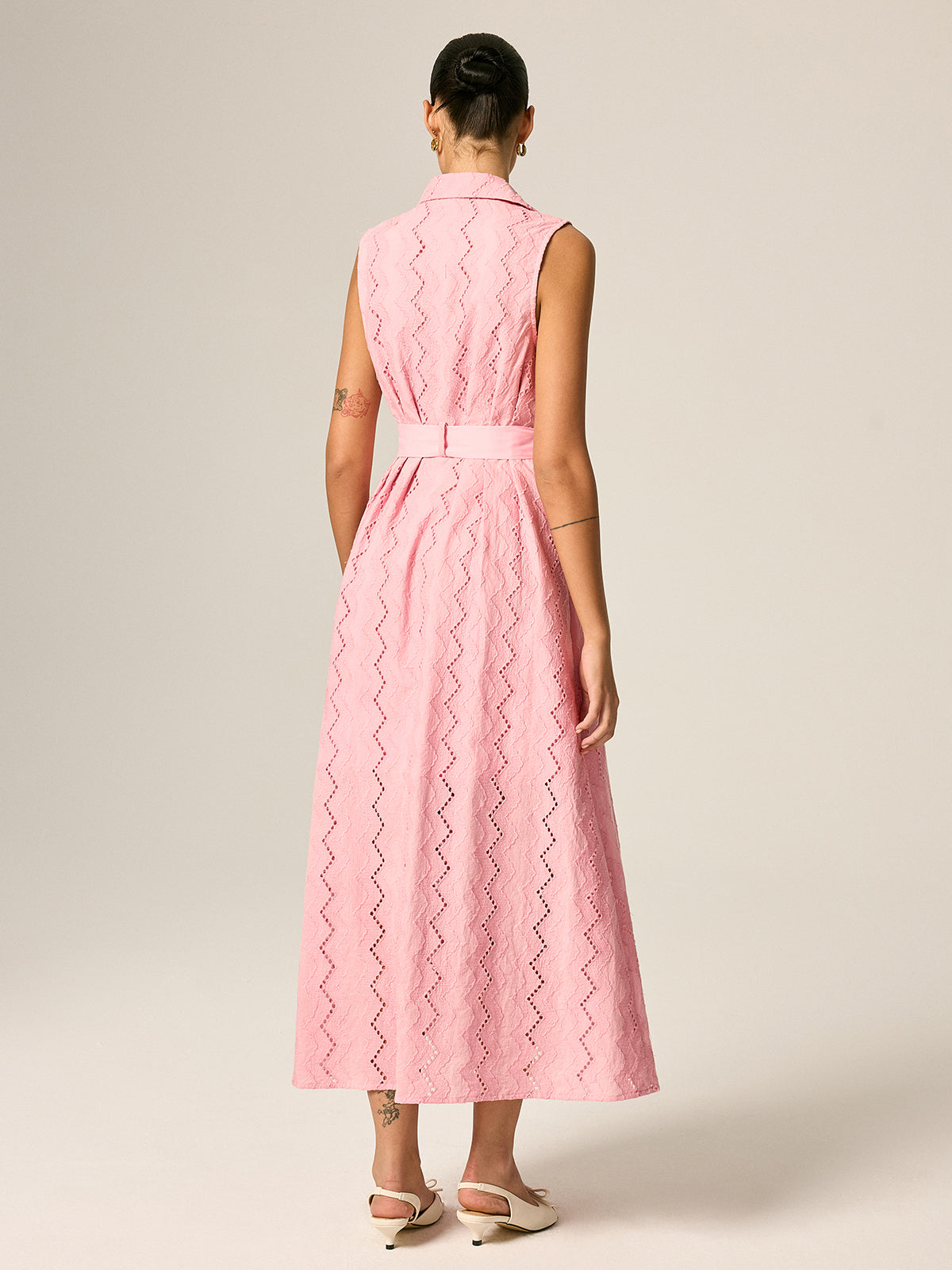 Eyelet Embroidery Belted Shirt Maxi Dress for Women Spring Collection