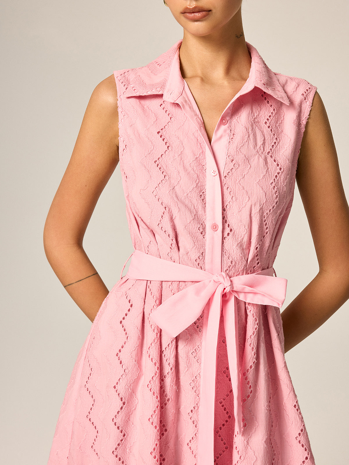 Eyelet Embroidery Belted Shirt Maxi Dress for Women Spring Collection
