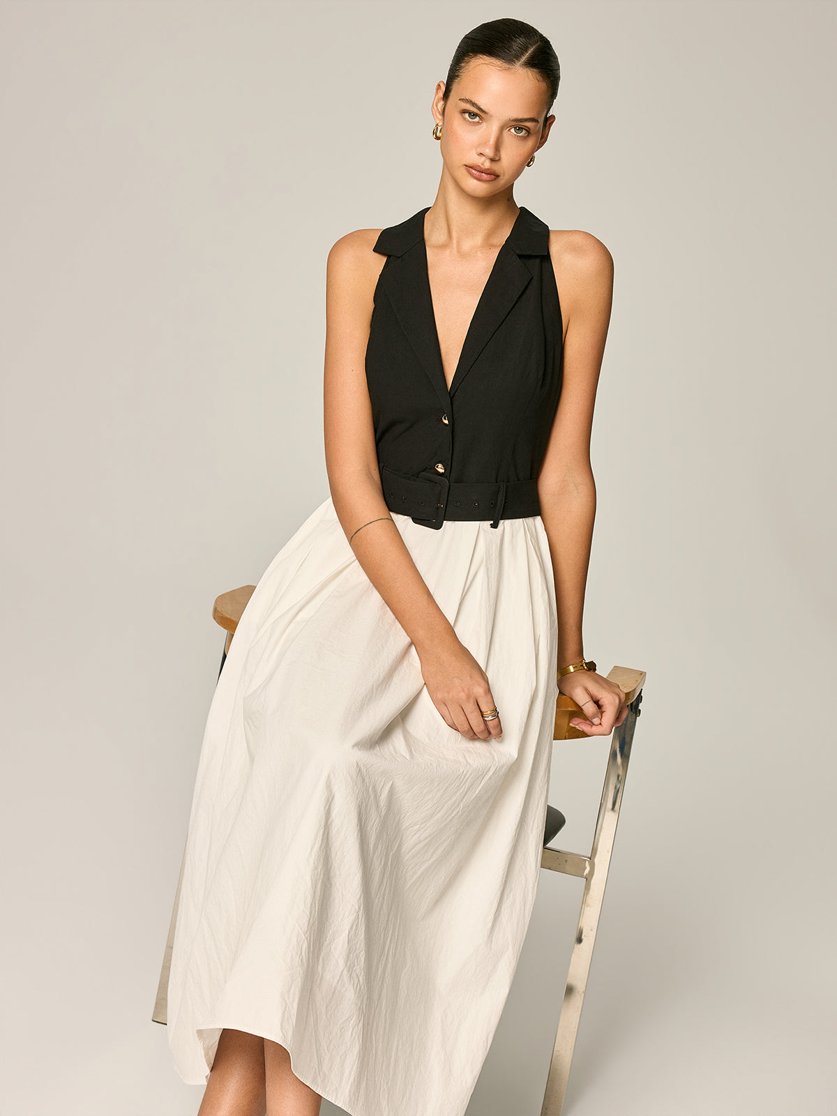 Lapel Belted Color Block Maxi Dress for Women Elegant Casual