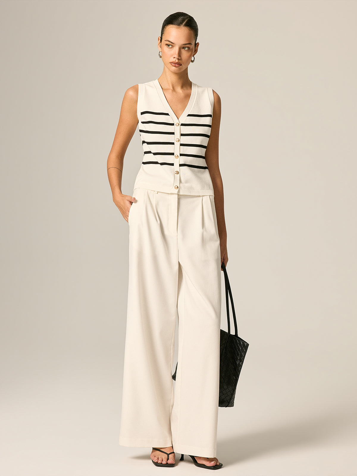 Striped V Neck Metal Button Knit Vest for Women Casual Layering