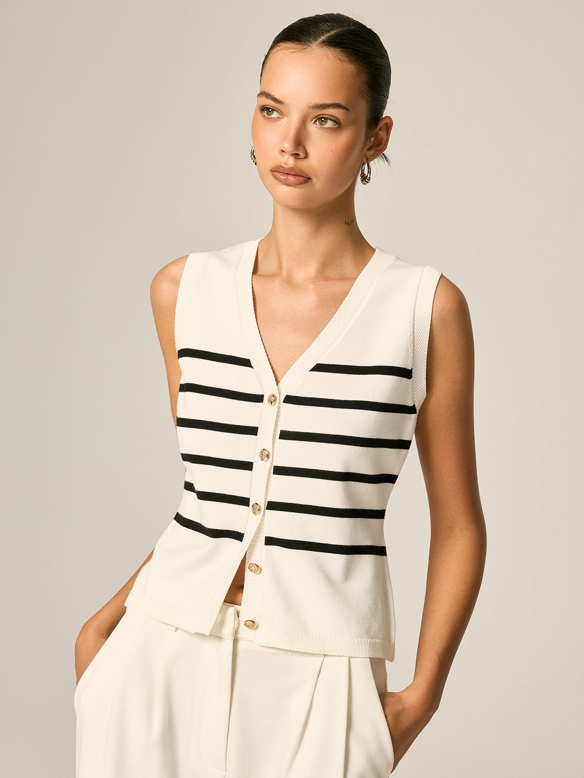 Striped V Neck Metal Button Knit Vest for Women Casual Layering