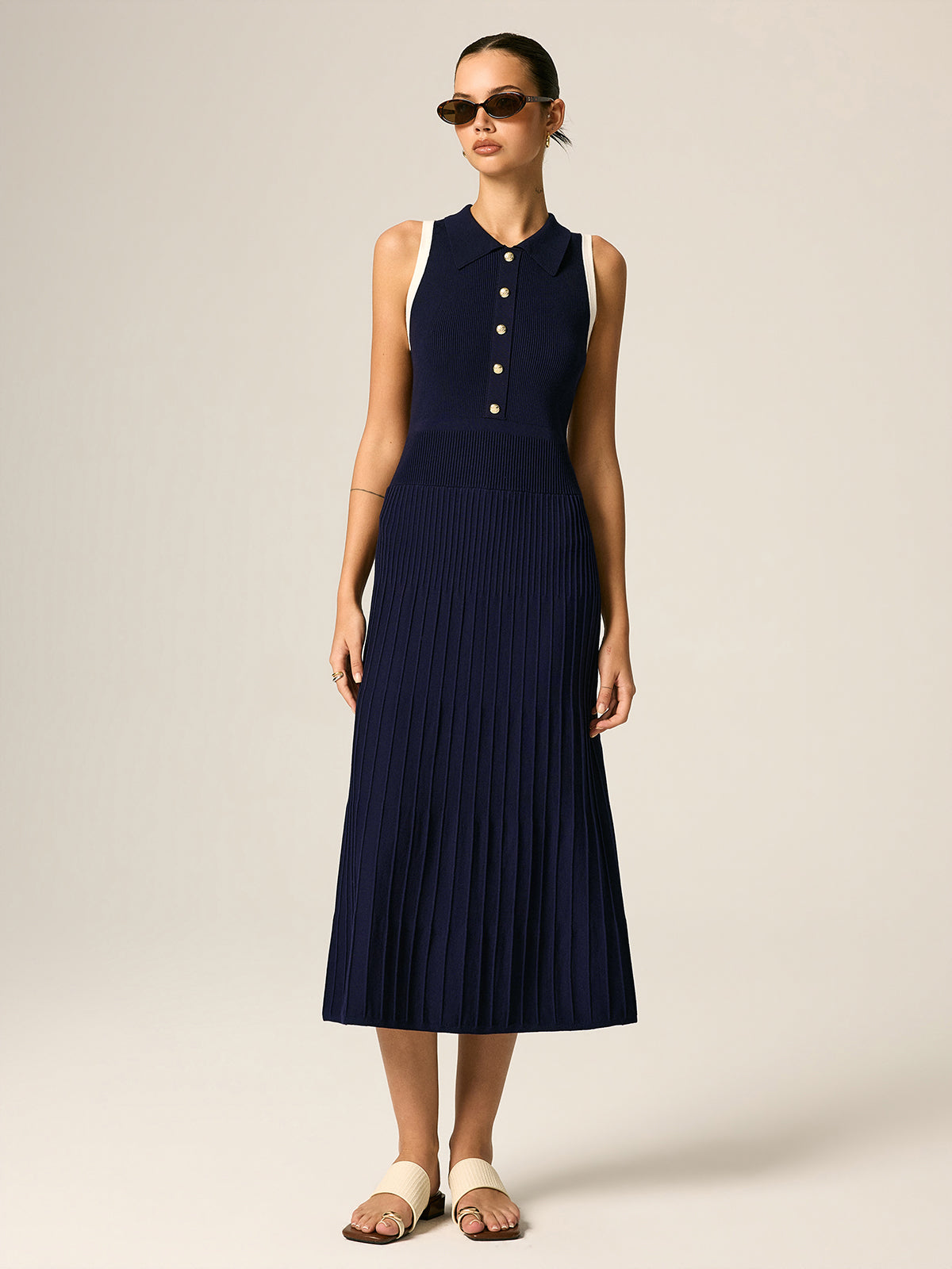 Contrast Trim Polo Ribbed Knit Maxi Dress for Women Casual Summer