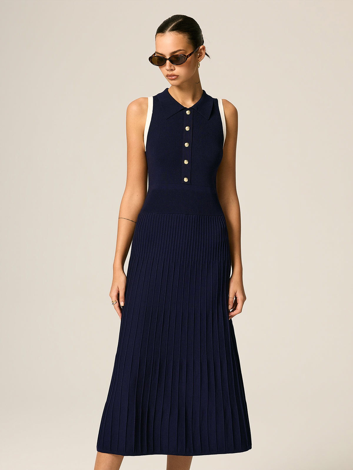 Contrast Trim Polo Ribbed Knit Maxi Dress for Women Casual Summer