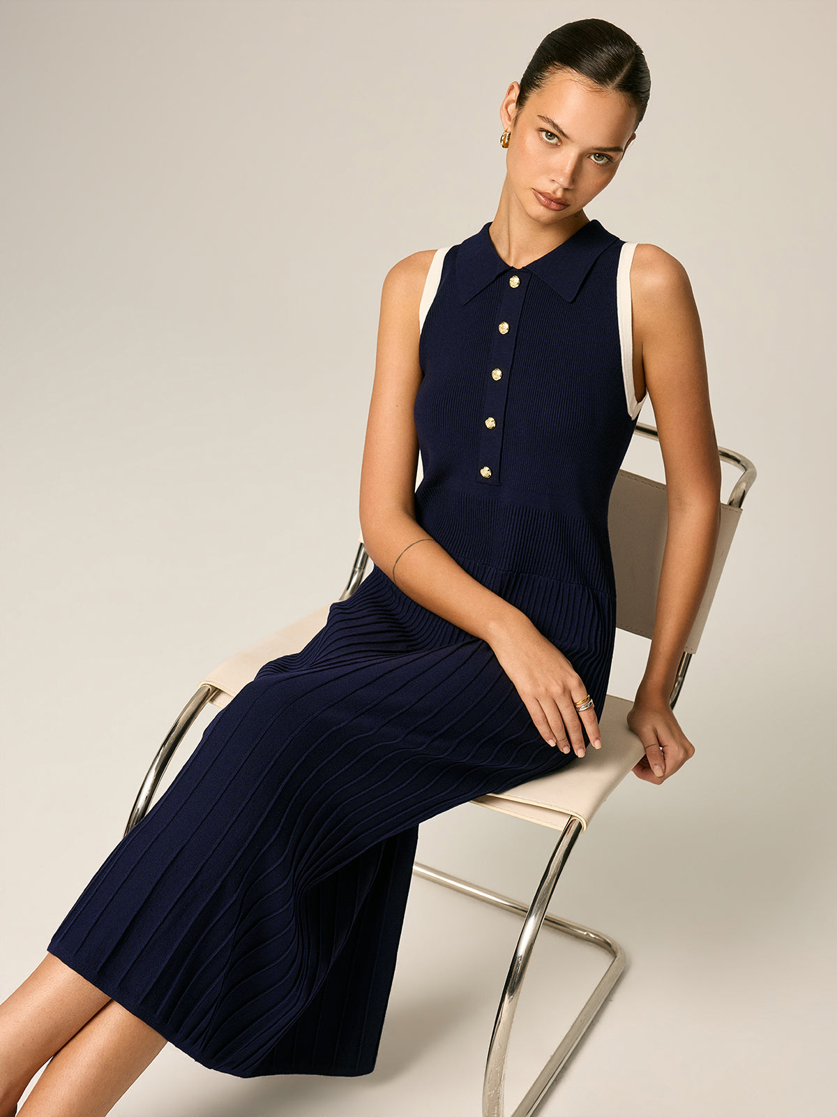 Contrast Trim Polo Ribbed Knit Maxi Dress for Women Casual Summer