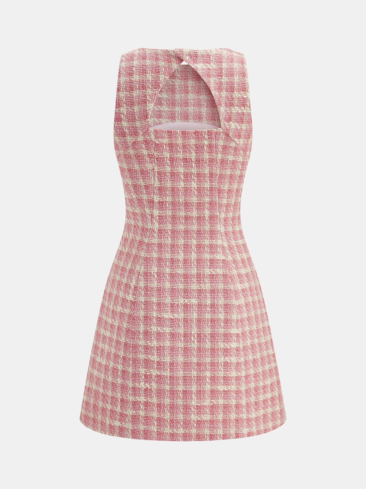 Tweed Check Cutout Back Sleeveless Mini Dress with Belt Detail