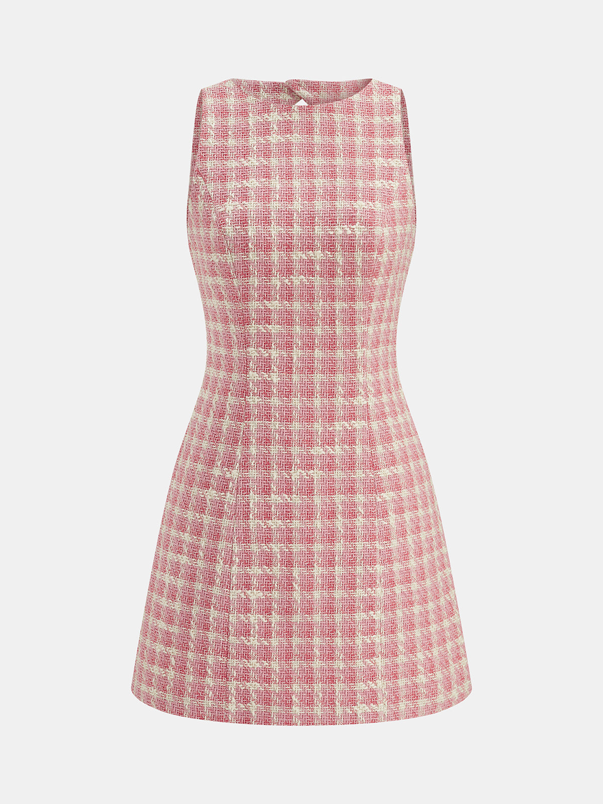 Tweed Check Cutout Back Sleeveless Mini Dress with Belt Detail