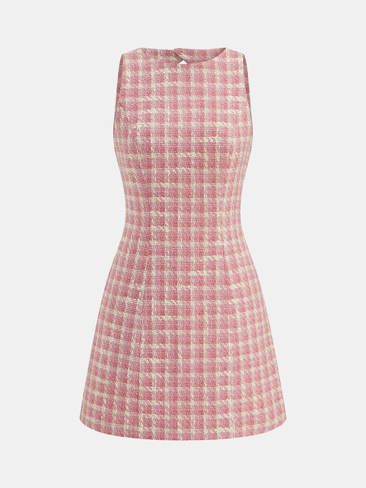 Tweed Check Cutout Back Sleeveless Mini Dress with Belt Detail