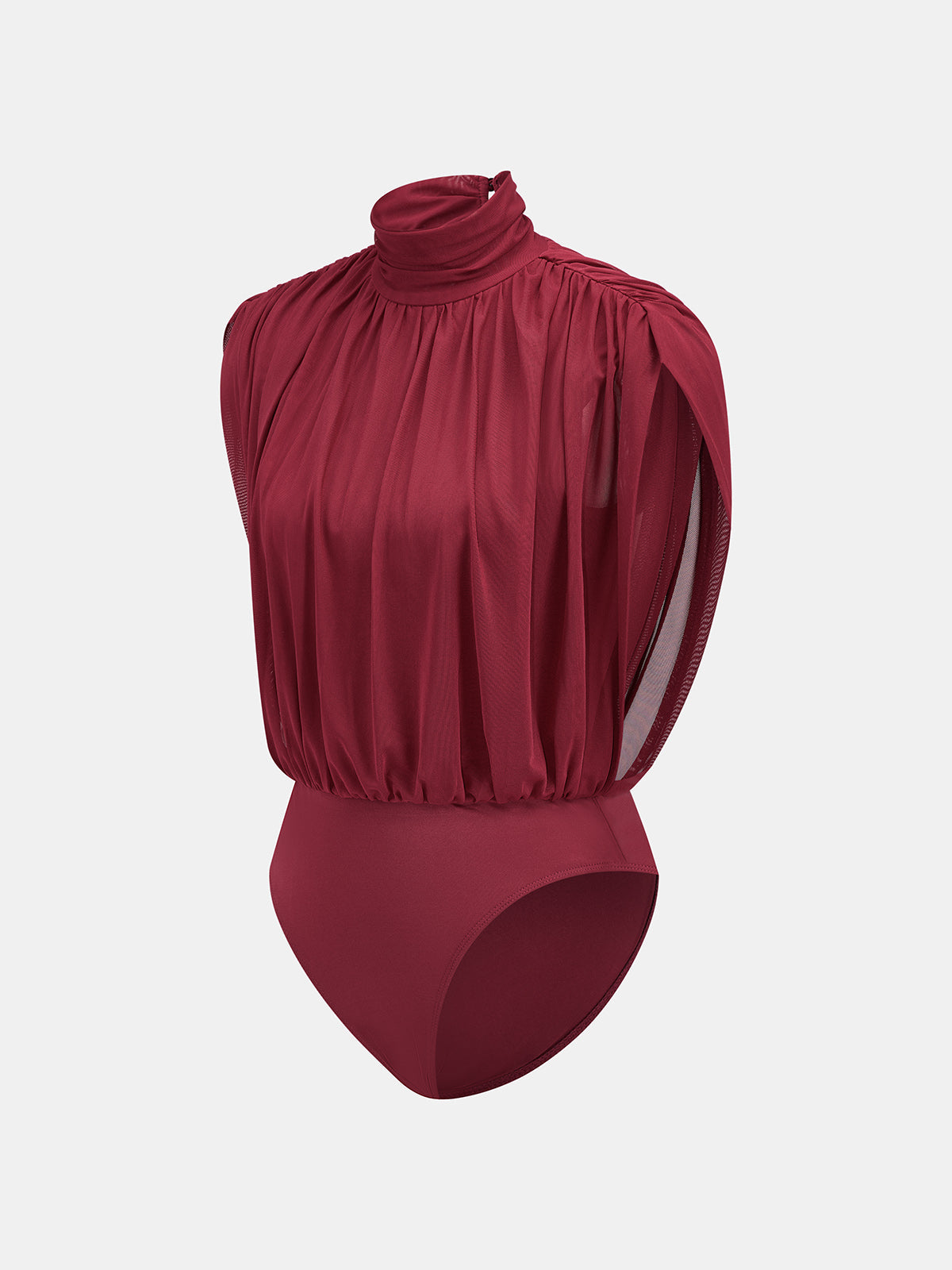 High Neck Ruched Stretch Mesh Bodysuit with Long Sleeves for Women