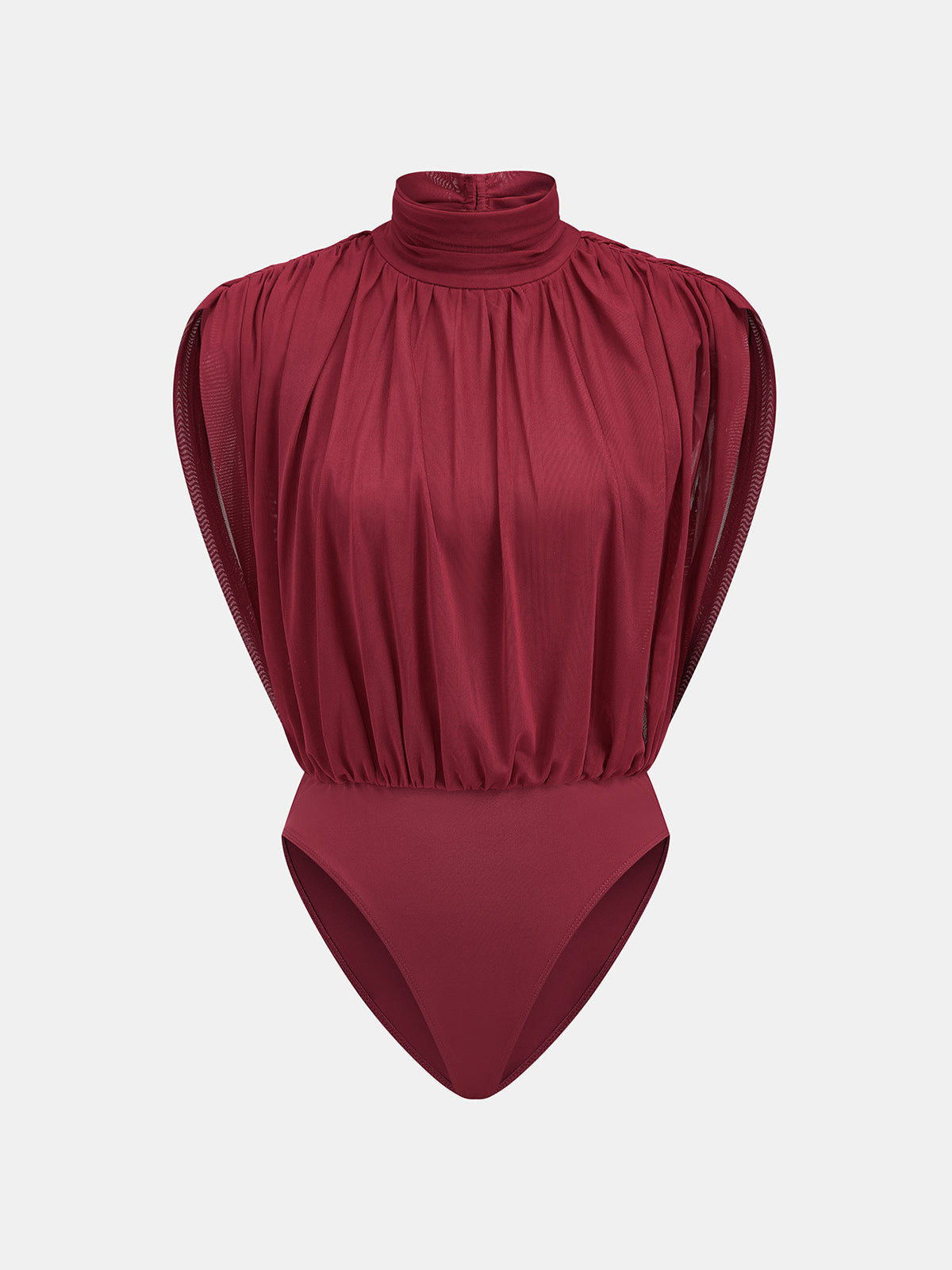 High Neck Ruched Stretch Mesh Bodysuit with Long Sleeves for Women