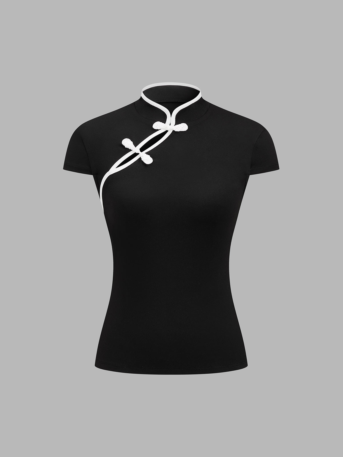 Contrast Frog Button Short Sleeve Traditional Chinese Top