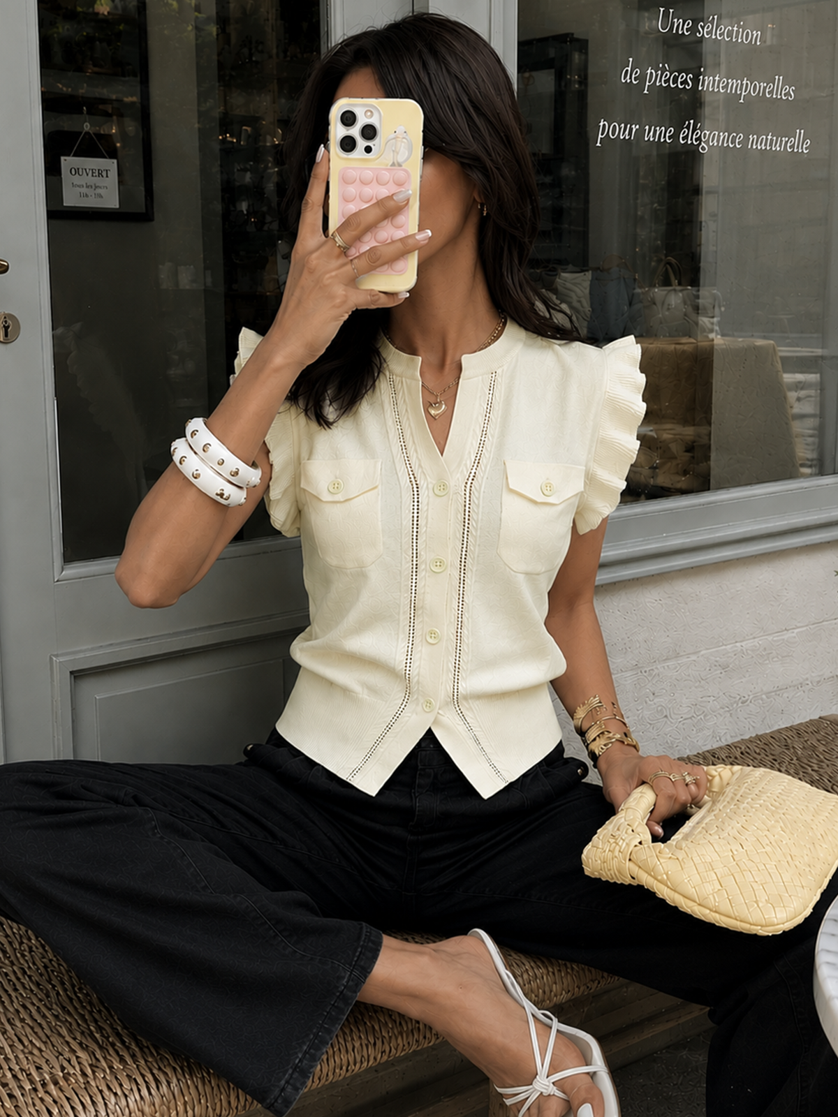 Ruffled Button-Down Knit Top for Women Casual Comfortable Long Sleeve