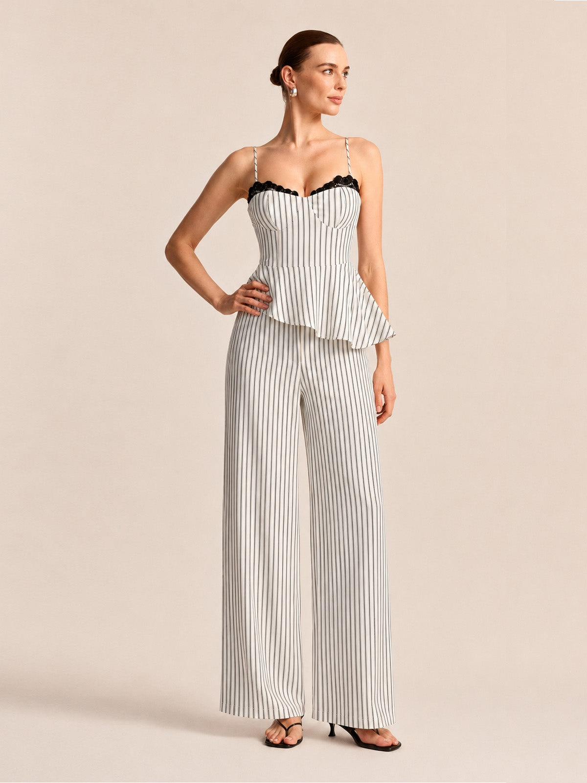 Lace Trim Striped Peplum Top & Pants Set for Women Casual Chic