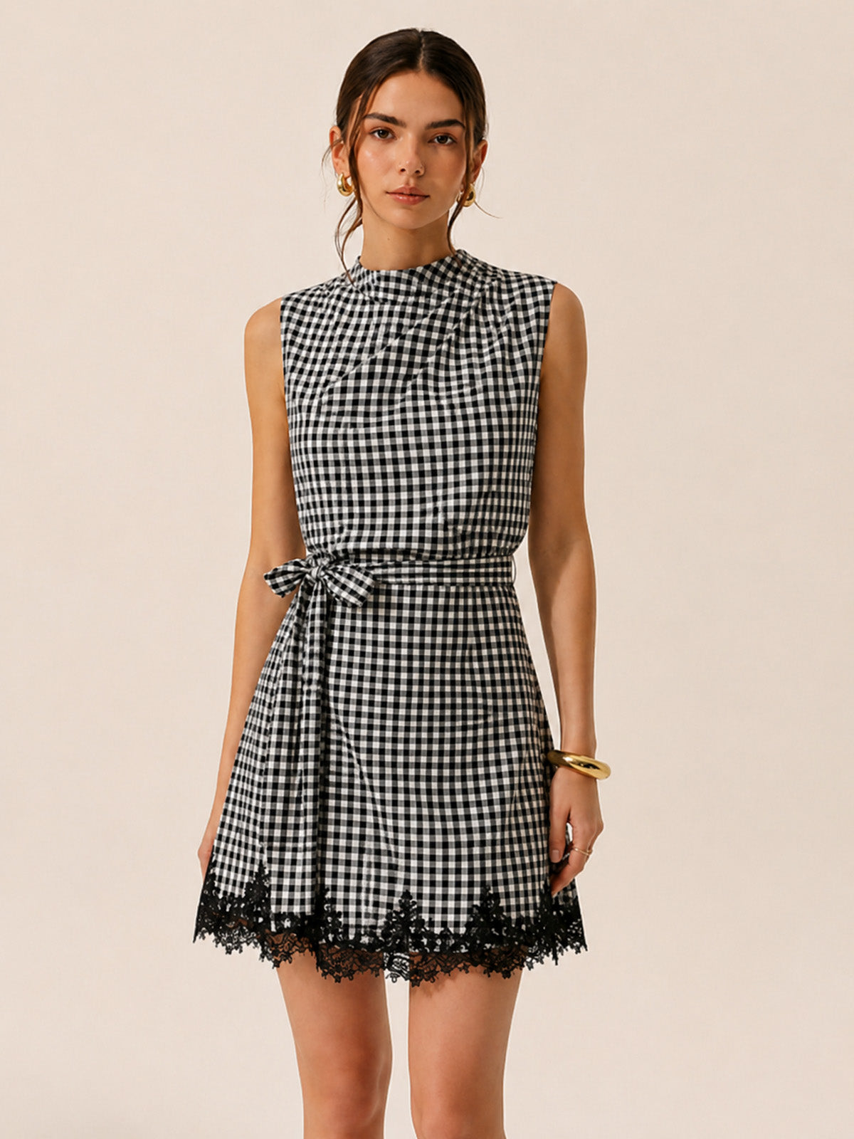 Gingham Tie-Waist Lace Trim Mini Dress with Ruffled Sleeves