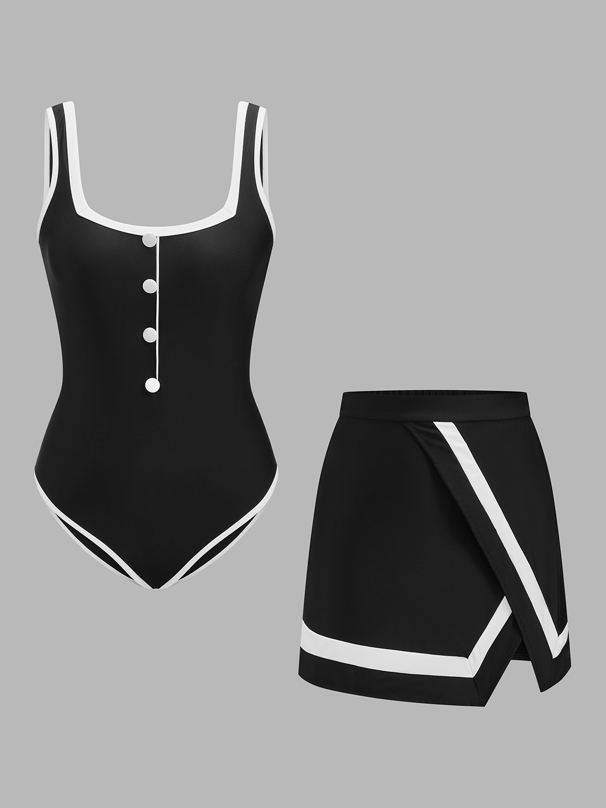 Contrast Trim One Piece Swimsuit & Matching Wrap Skirt Set for Women