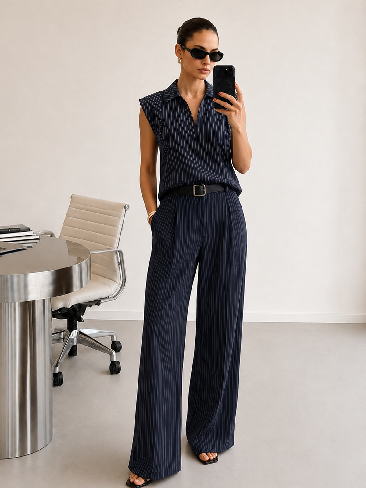 Pinstriped Sleeveless Shirt & Pants Set for Casual Wear