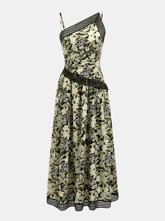 Asymmetric Strap Lace Trim Floral Midi Dress for Women Spring Collection