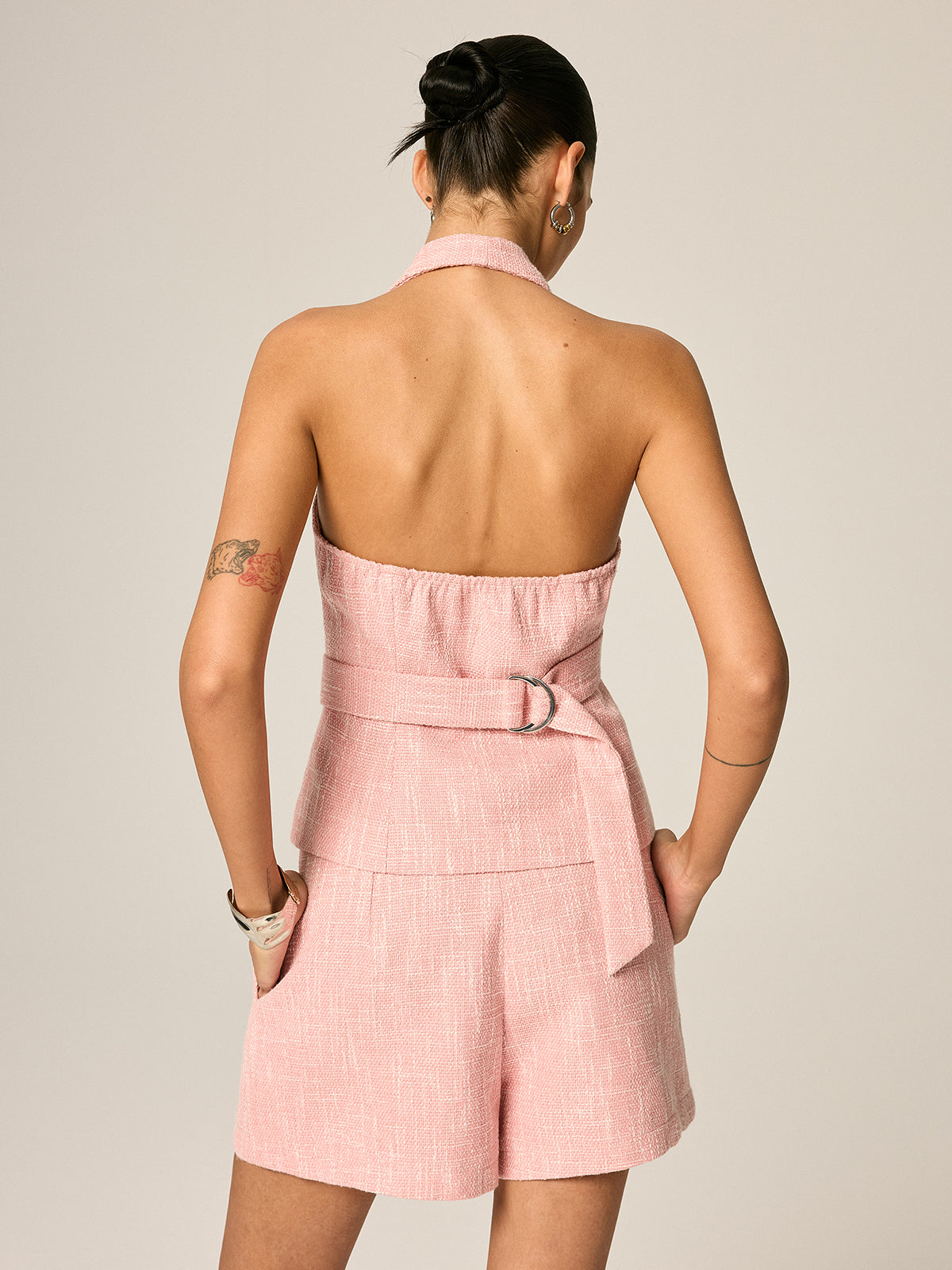 Halter Tweed Vest & Pleated Shorts Set for Women Casual Wear
