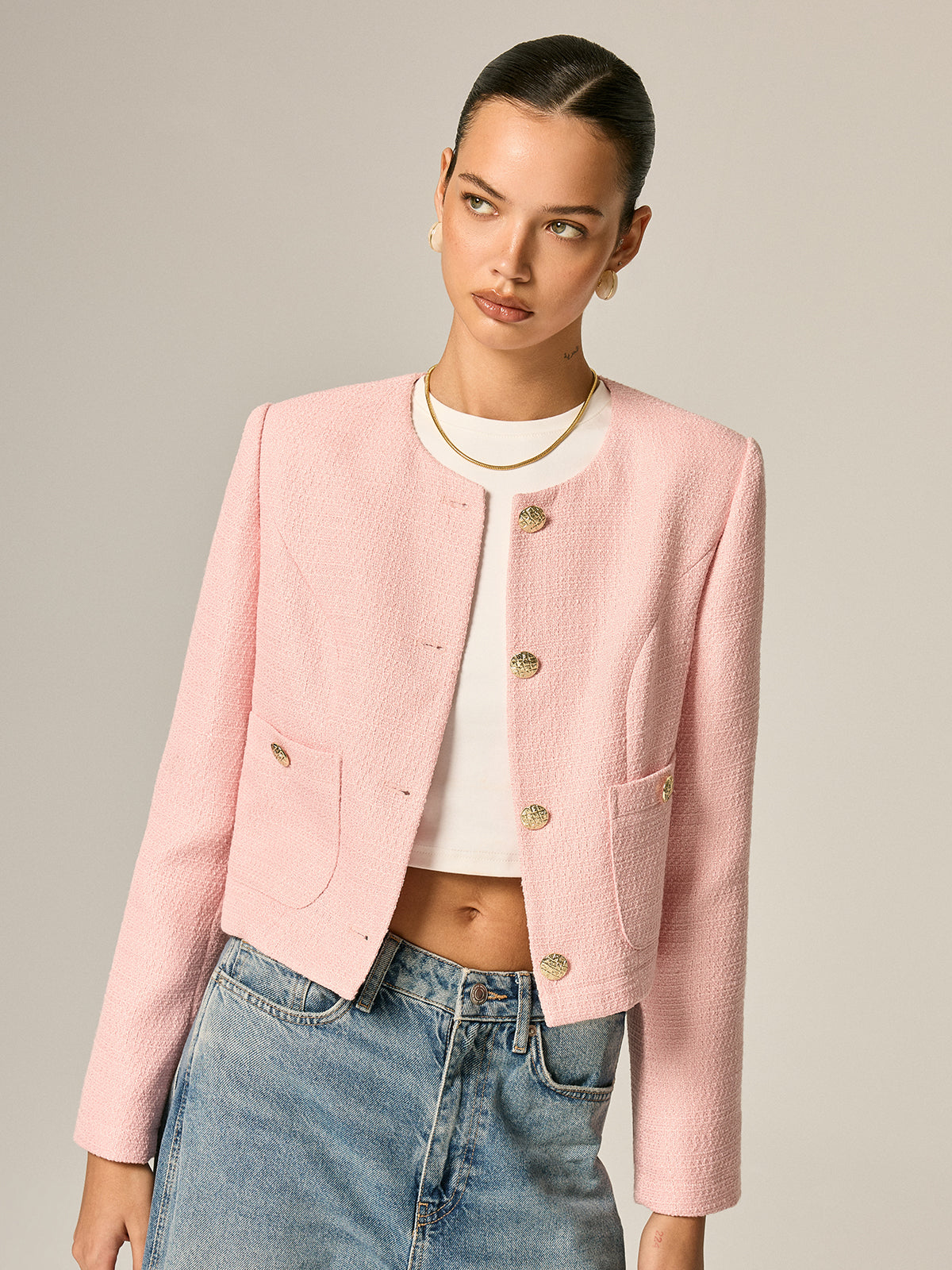 Tweed Metal Button Blazer - Classic Tailored Fit Jacket for Women