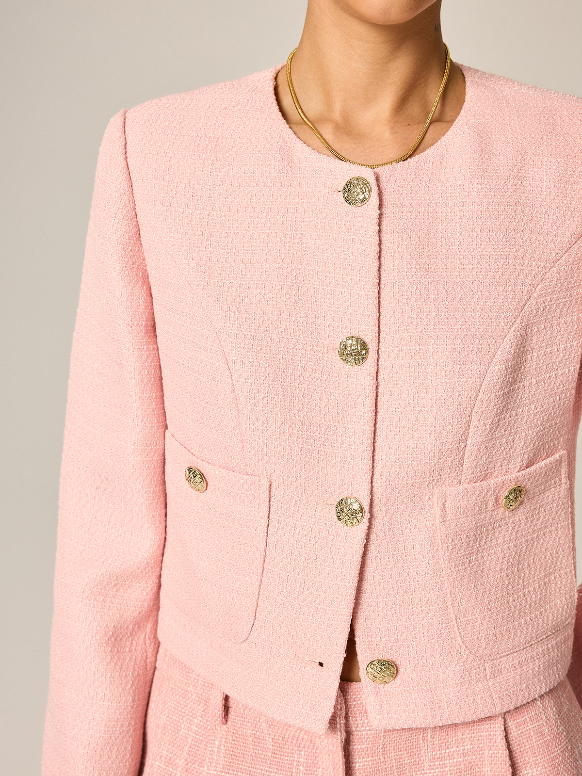 Tweed Metal Button Blazer - Classic Tailored Fit Jacket for Women