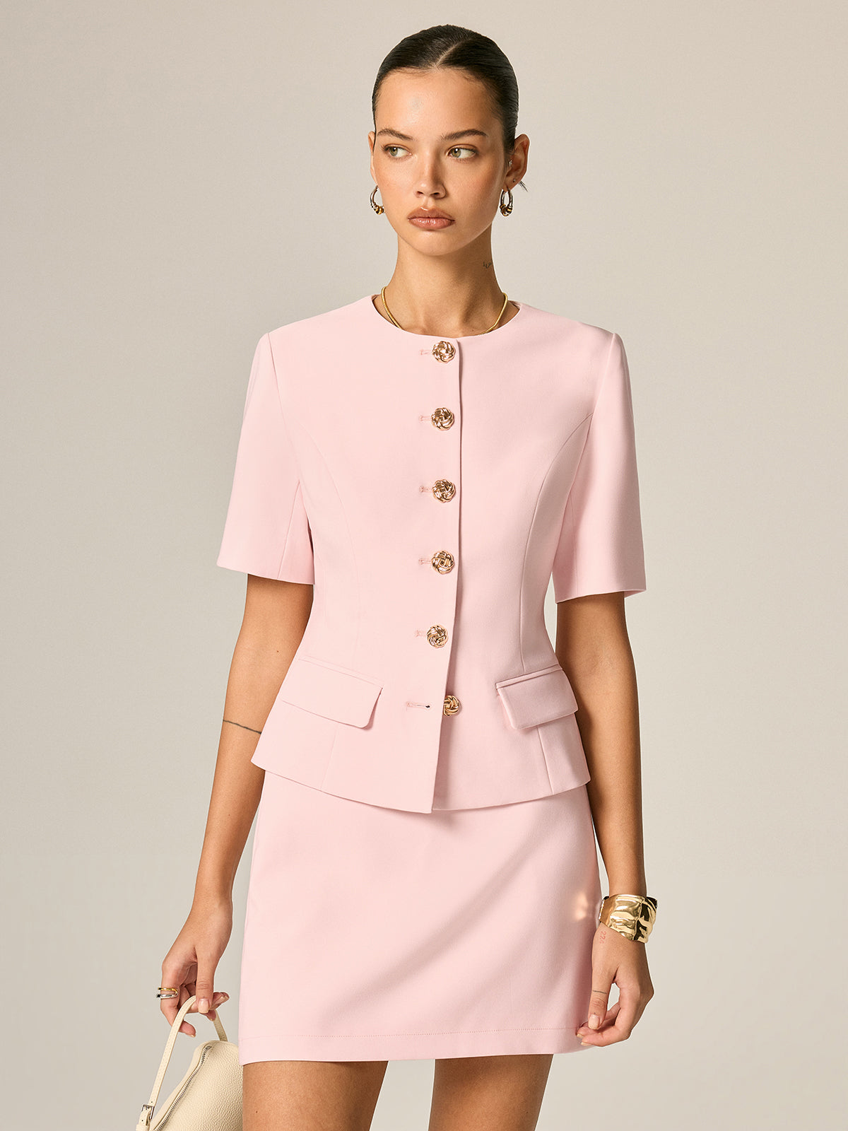 Short Sleeve Fitted Blazer & Mini Skirt Set for Women in Fashionable Office Wear