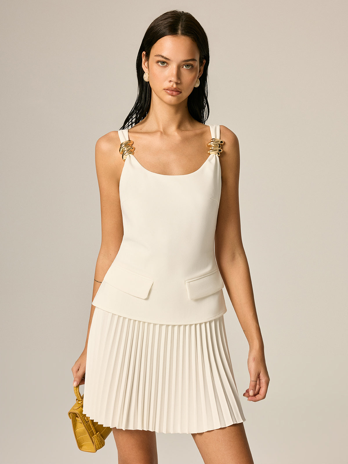 Metal Detail Pleated Mini Dress for Women Trendy Casual Party Wear