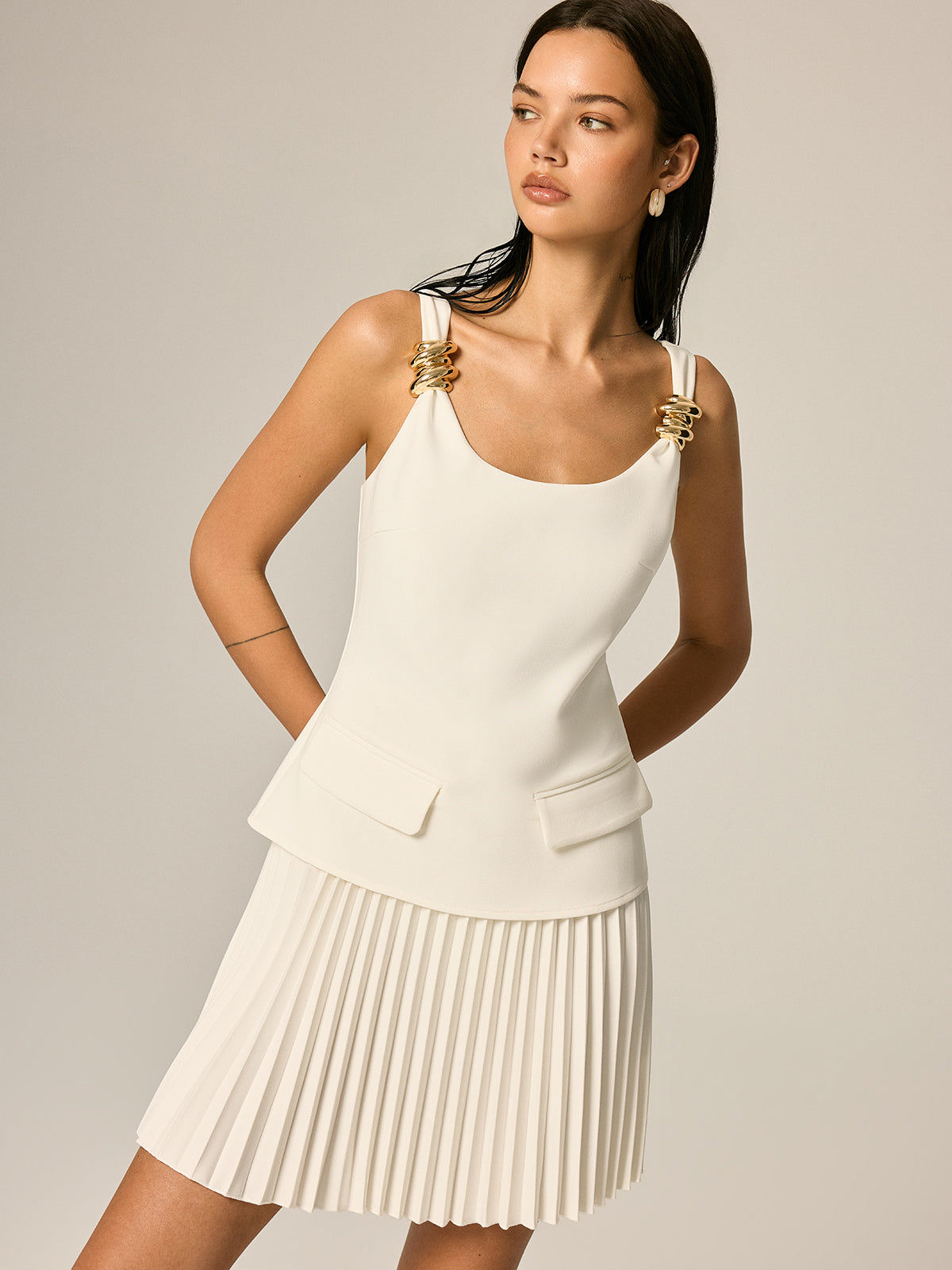 Metal Detail Pleated Mini Dress for Women Trendy Casual Party Wear