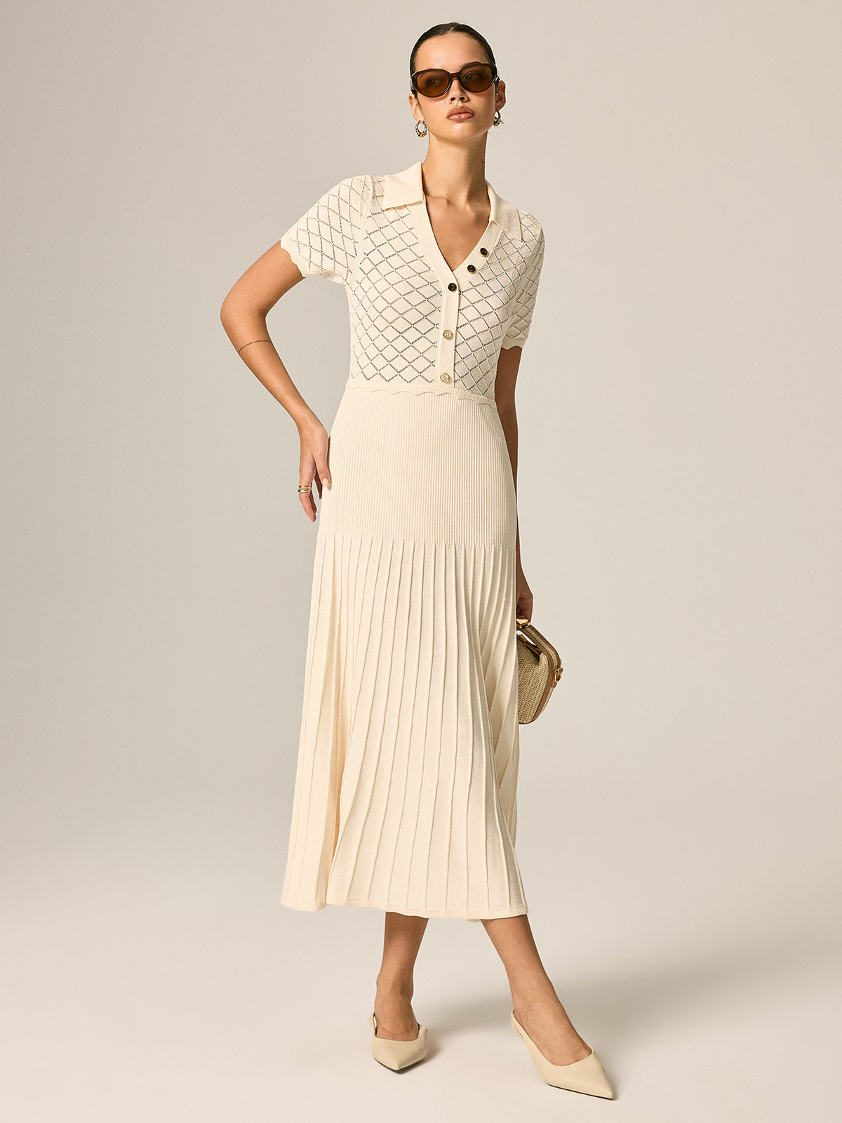 Polo Collar Hollow Knit Pleated Maxi Dress Elegant Long Sleeve Women's