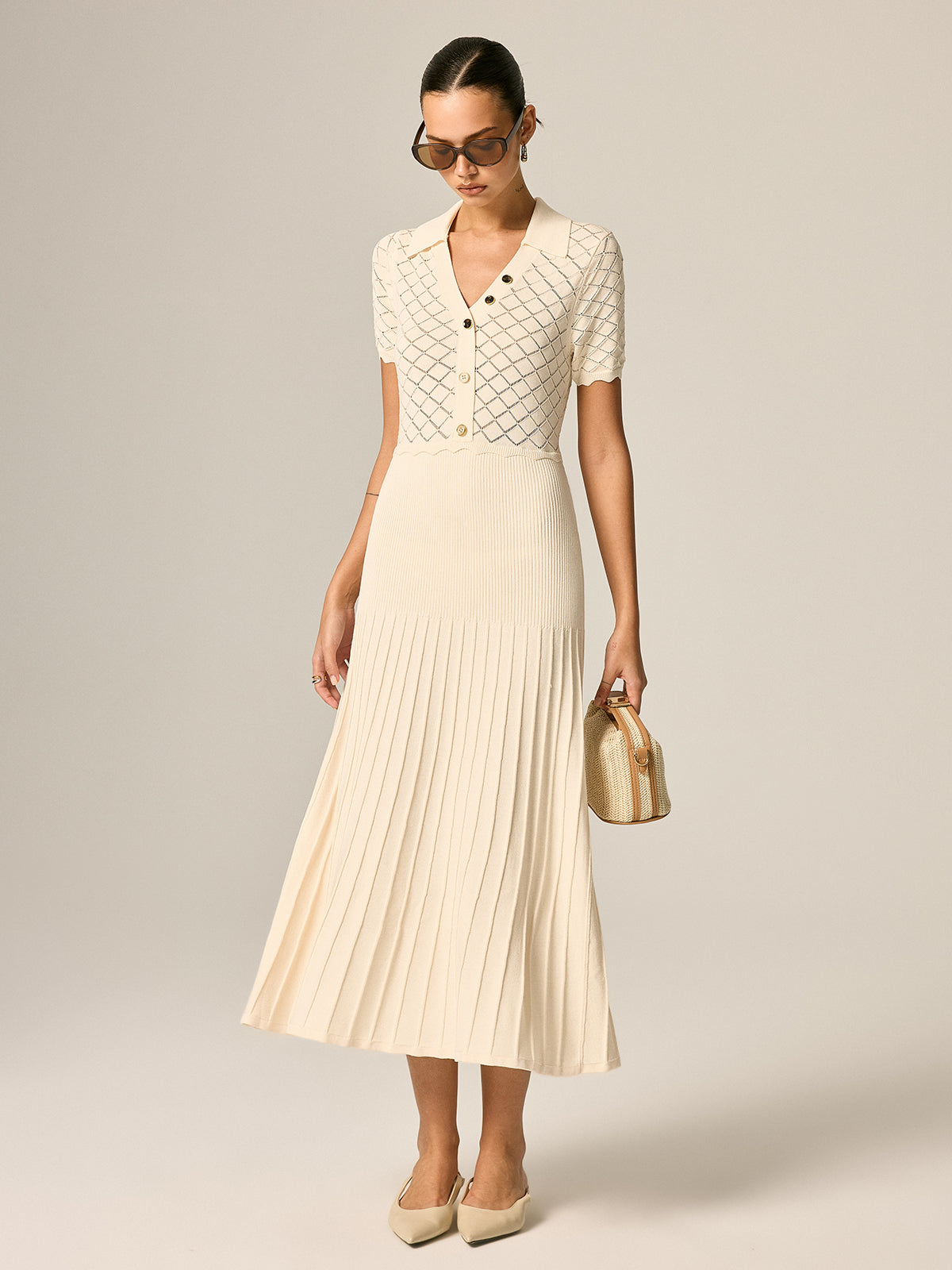 Polo Collar Hollow Knit Pleated Maxi Dress Elegant Long Sleeve Women's
