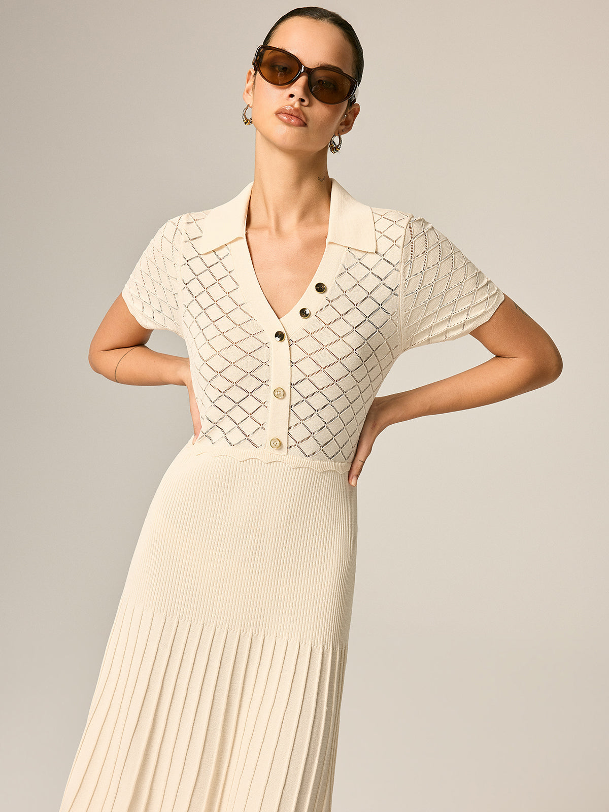 Polo Collar Hollow Knit Pleated Maxi Dress Comfortable Stylish Long Sleeve