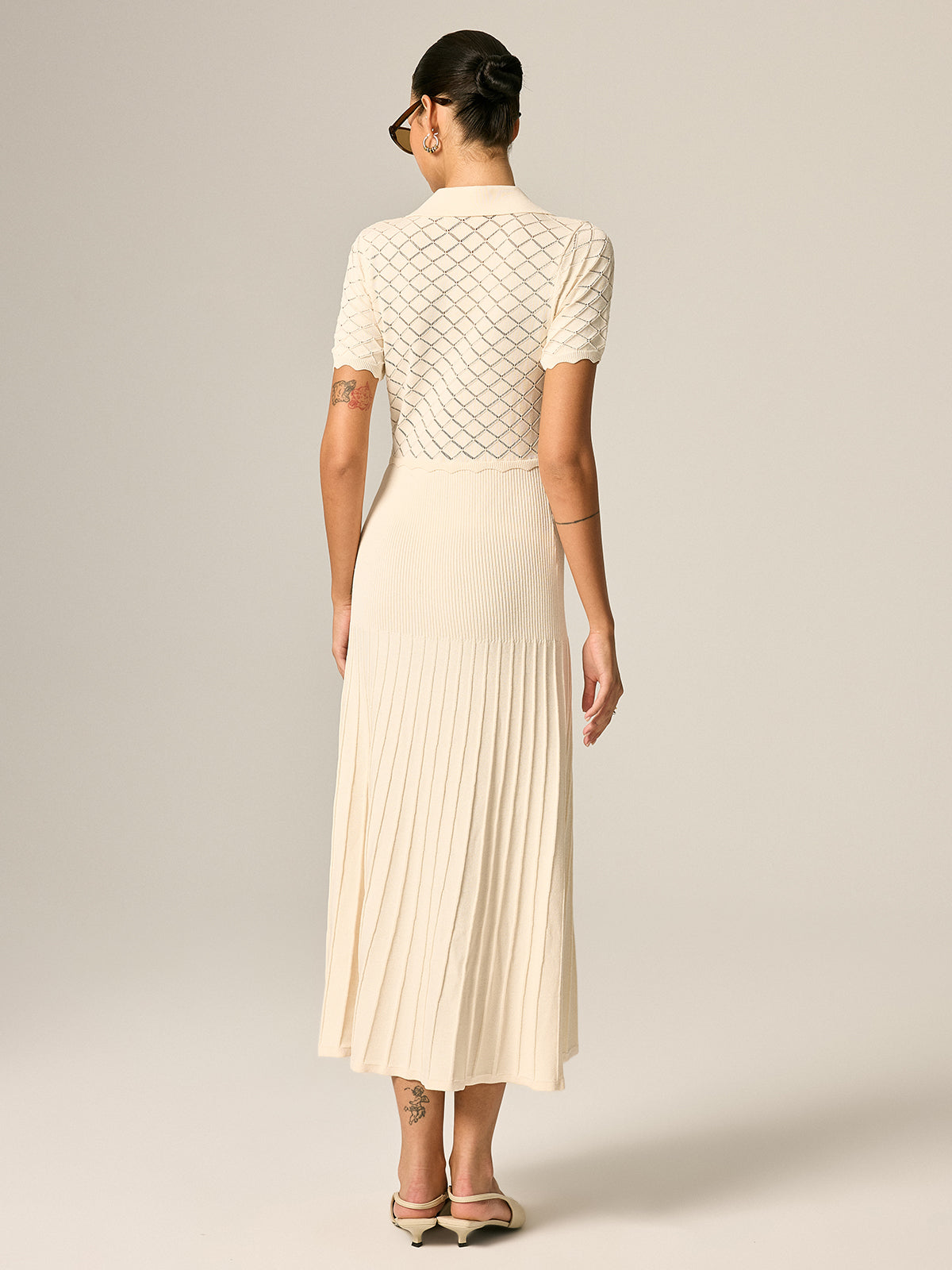 Polo Collar Hollow Knit Pleated Maxi Dress Comfortable Stylish Long Sleeve