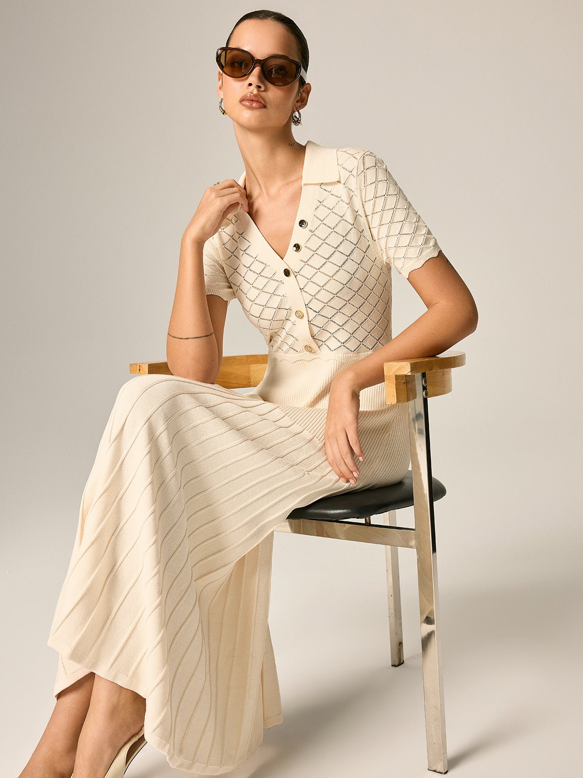 Polo Collar Hollow Knit Pleated Maxi Dress Comfortable Stylish Long Sleeve