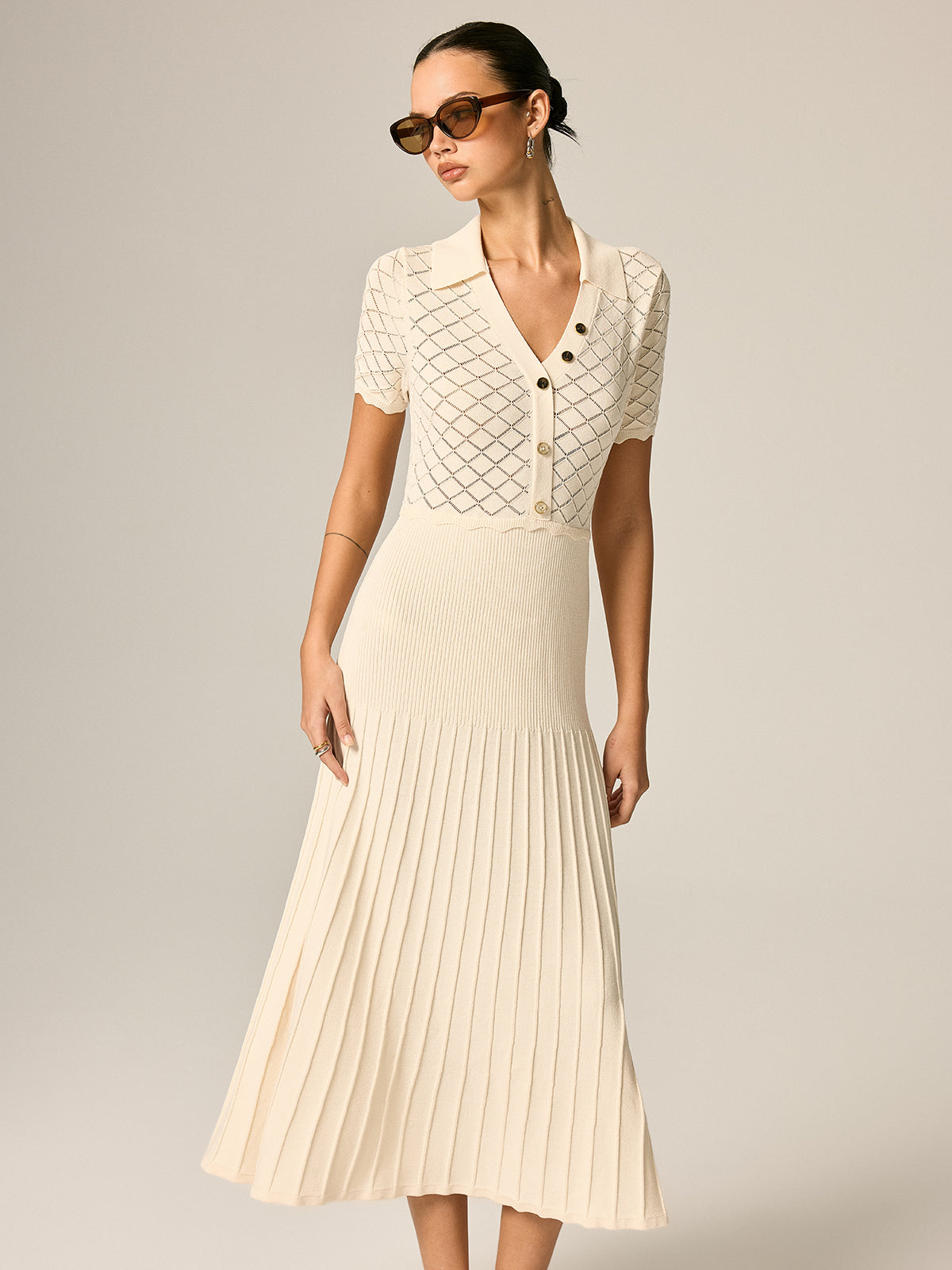 Polo Collar Hollow Knit Pleated Maxi Dress Elegant Long Sleeve Women's